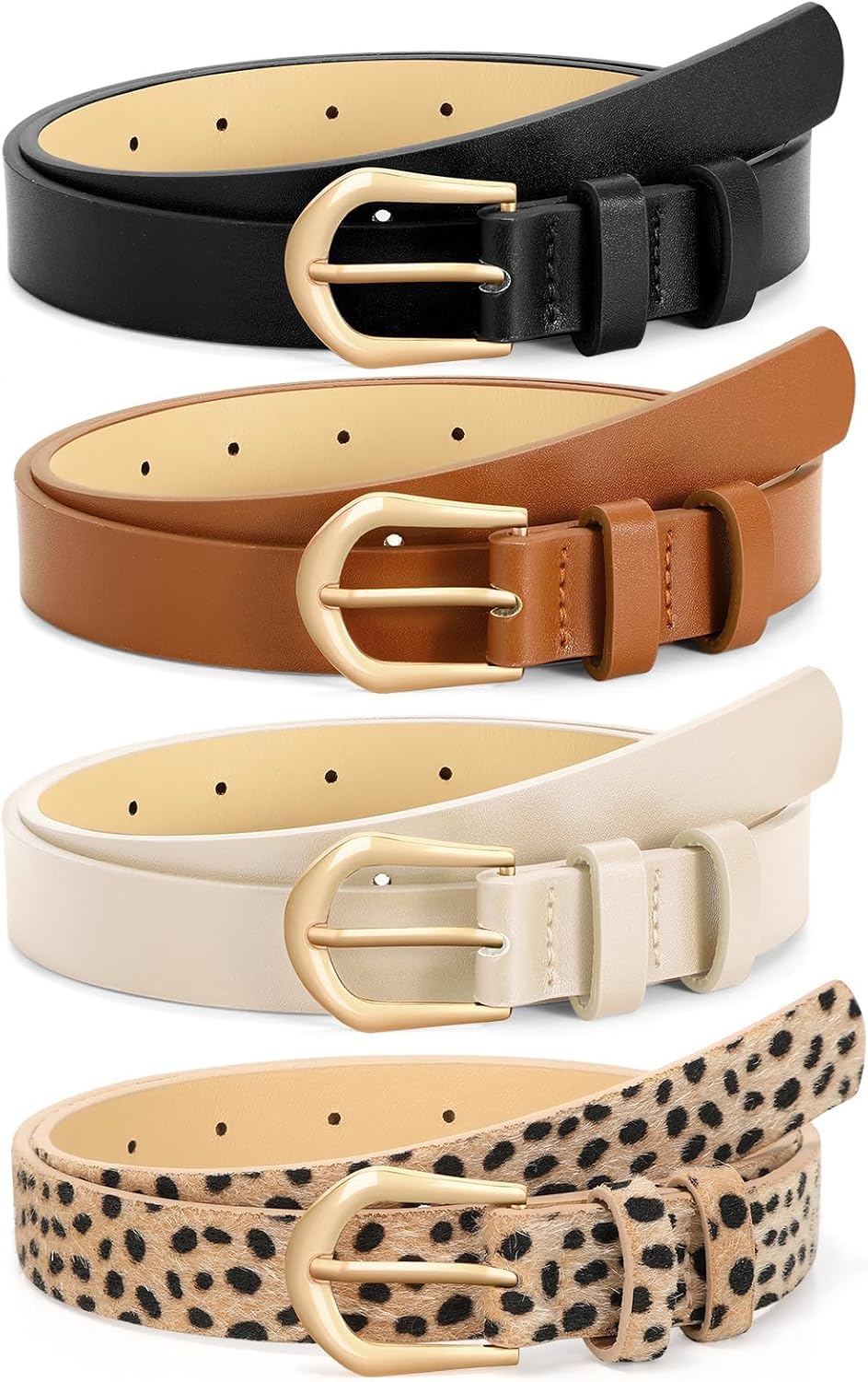 VONMELLI 4 Pack Womens Thin Leather Belt Skinny Waist Belts for Women Fashion Jeans Dress with Gold Buckle