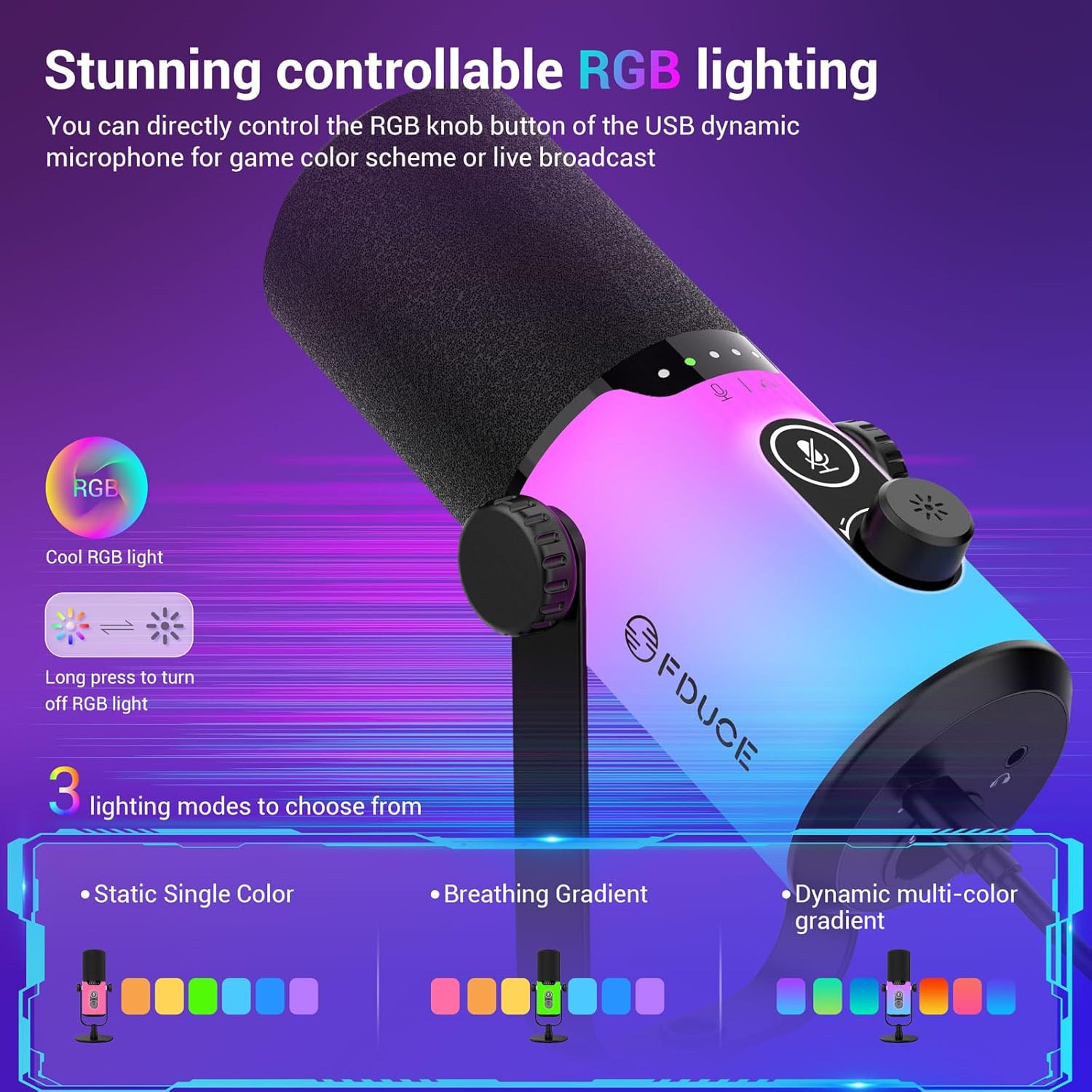 FDUCE Dynamic Gaming Microphone kit, USB/XLR Podcast Computer Microphone with Boom arm Stand, RGB Light, Mute Button and Headphone Jack, for Gamer Streaming Recording Studio YouTube Online Chat(D20+)