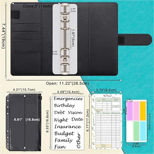 Miniatura 6 de Organizador de dinero A6, kit de planificador de presupuesto de 6 anillos con sobres de efectivo, repuesto de presupuesto, organizadores de