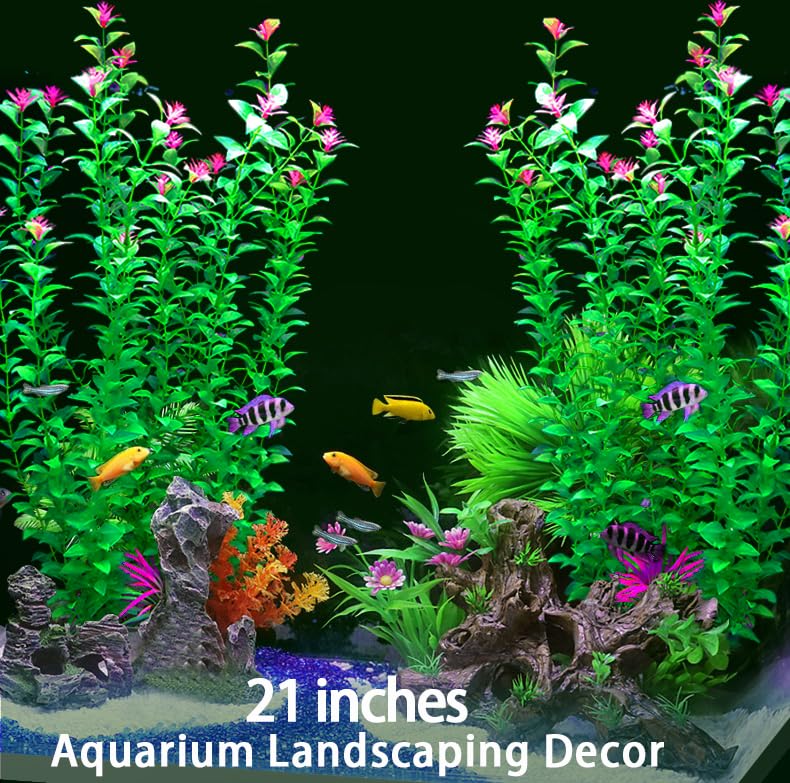 Image of 2 pcs Aquarium Decor Plants 21 Inches Extra Large Artificial Plastic Fish Tank Plants with Flowers, Tall Fish Tank Decoration for Betta Fish Tank