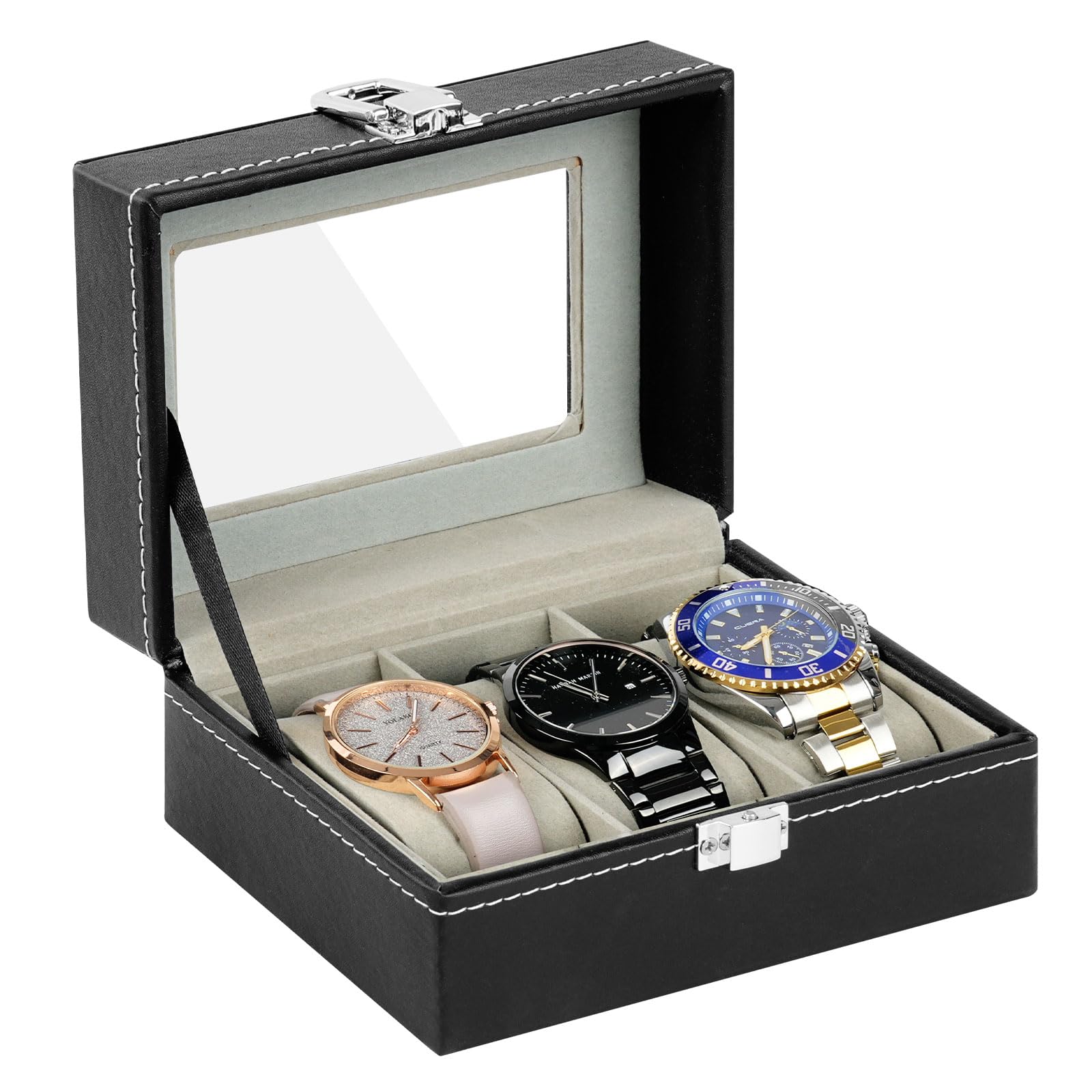 OFFCUP Uhrenbox mit 3 Fächern, Uhrenkasten mit Glasdeckel, Uhrenkoffer mit Herausnehmbaren Uhrenkissen, Metallverschluss, Uhrenschatulle aus PU für Schmuck, Ringe, Armbänder und Halsketten, Schwarz