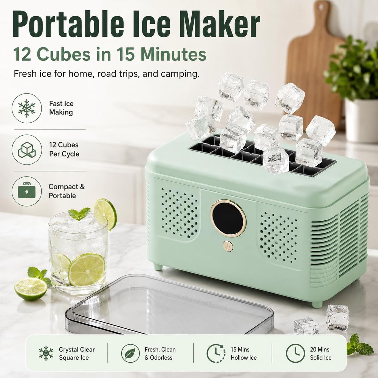 Fabbricatore di ghiaccio da banco, 16 kg/24 ore, adatto anche per auto. | Ice Cube Maker portatile, 12V DC Mini Ice Maker per auto, 15 minuti / 12 cubi per cucina domestica, viaggi, campeggio(green)
