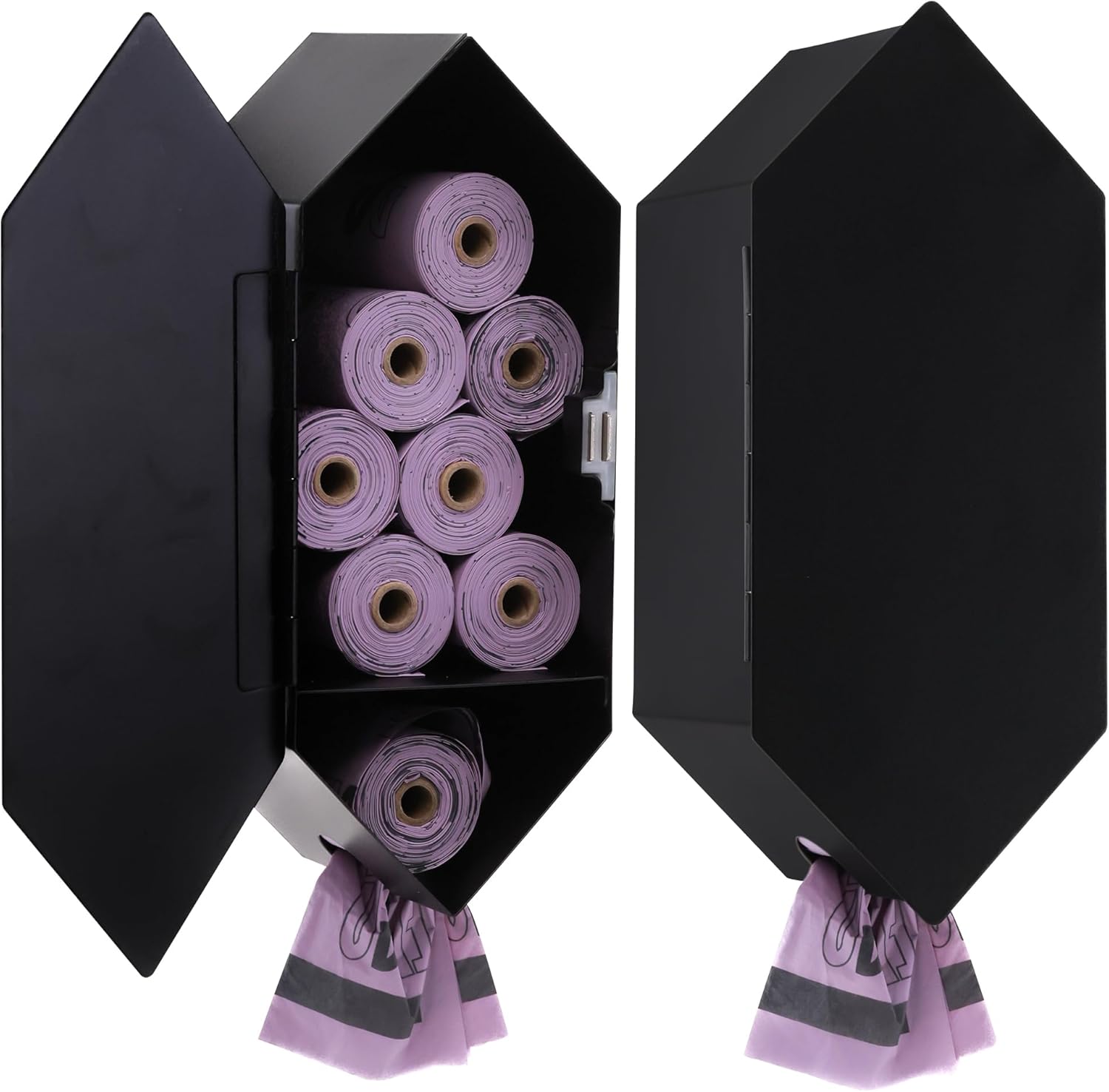 Dog Poop Bag Dispenser, Stainless-Steel and Powdercoated Black with Magnetic Door Latch, Indoor and Outdoor Rated, (Holds 8-9 Rolls-Not Included), 7.75" x 3.25", Black
