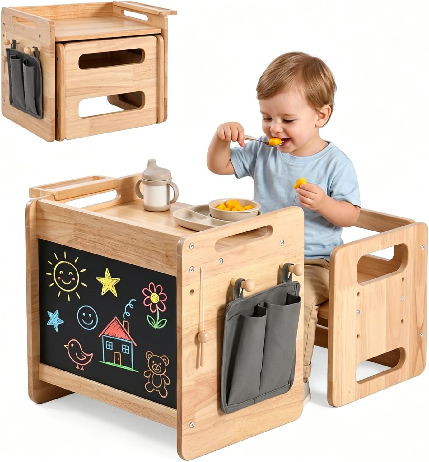 Montessori Weaning Table and Chair Set, Wooden Kids Activity Toddler Table and Chair with Adjustable Height, Ideal for Eating, Reading, Drawing, Step Stool (Rubber Wood)