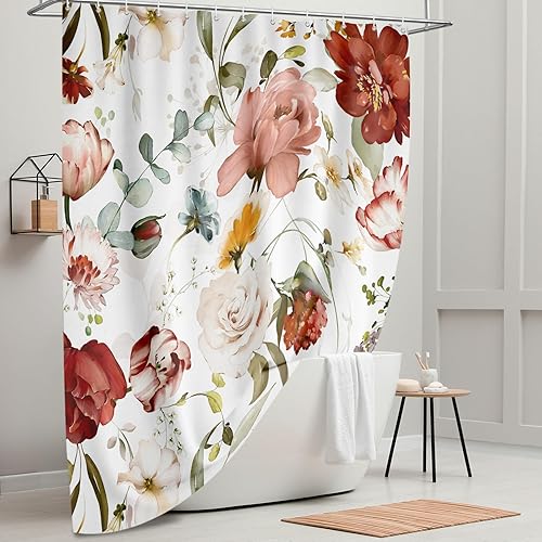 Vista 24 de Tititex Cortina de ducha de lino sintético de 4.94 oz/m², diseño floral azul con hojas doradas con flores, decoración de baño, juego de cortinas