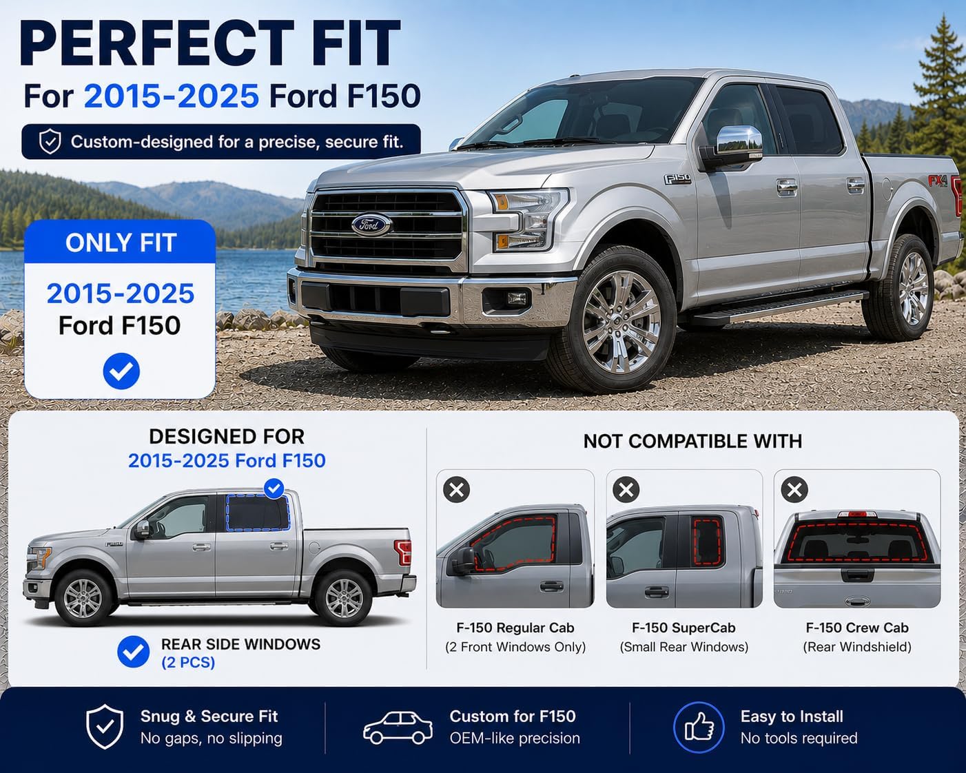 Car Window Shades for 2015-2025 Ford F150 Rear Side Window Mesh Sun Shade | Rear Side Window Sunshade, Breathable Privacy Window Covers, UV Protection & Heat Insulation, for Baby Camping Napping, 2PCS