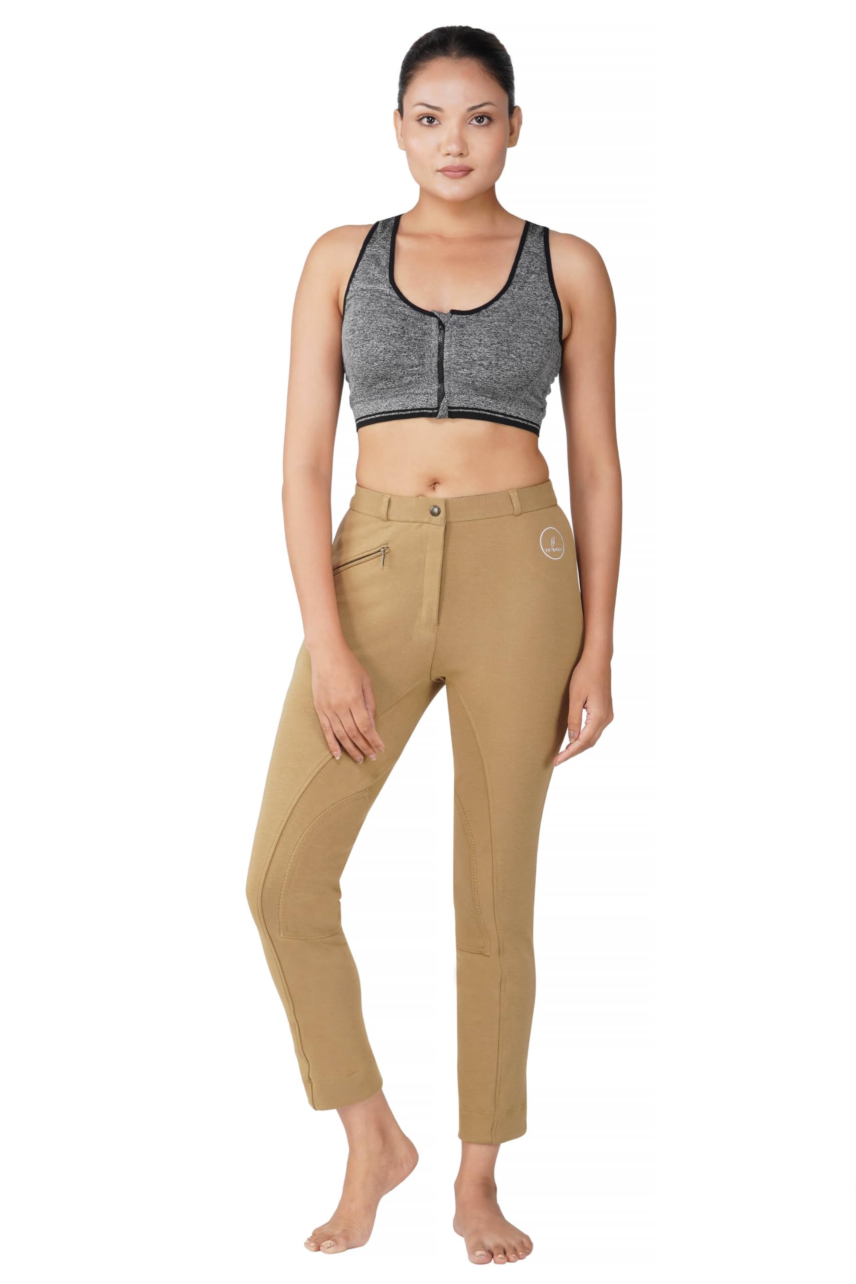 VAIBHAVI Horse Riding Ladies Soft Stretchy Jodhpurs JODS with Zip Pocket Ladies Knee Patch Equestrian Pants Full Seat 4 Way Stretch Jodhpurs Pant (Size 24-36,Beige)
