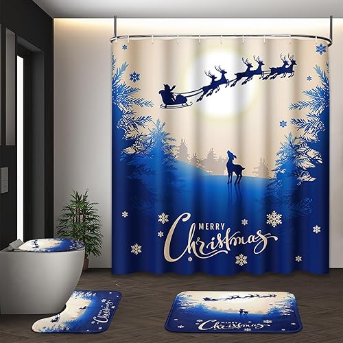 Emvency Juego de cortina de ducha de Navidad con tapa de inodoro y alfombras antideslizantes, juego de 4 alfombras de baño de ciervos de Navidad,