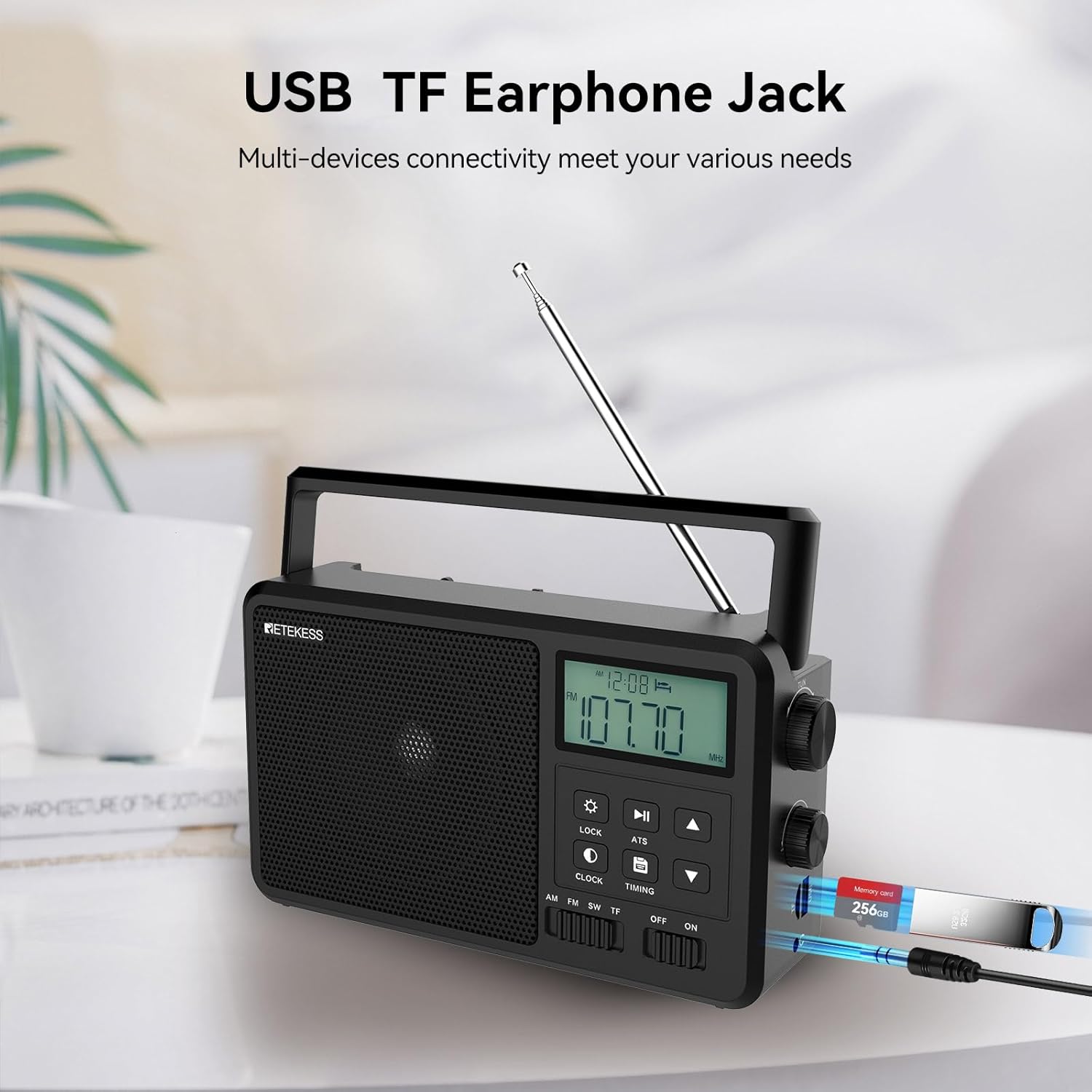 Retekess TR638 radio with TF card, USB drive, and earphone jack highlighted