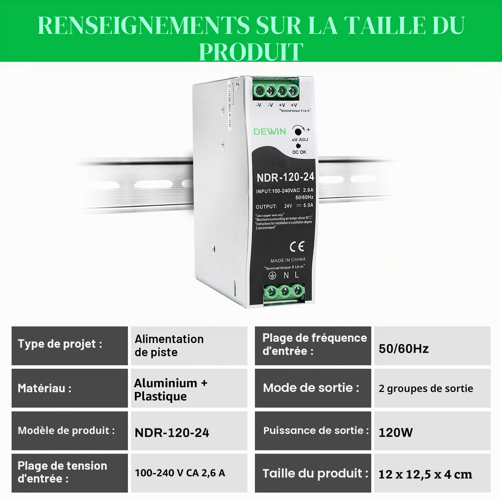 Alimentation sur rail din 24V 5A 120W bloc d'alimentation pour rail din transformateur Entrée AC100-240V 2.6A sortie DC24V 5A alimentation à découpage industrielle NDR-120-24