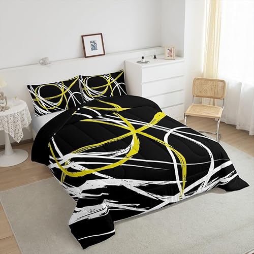 Miniatura 5 de Castle Fairy Juego de edredón de rayas espirales abstractas tamaño individual, juego de ropa de cama de líneas blancas y amarillas para niños y