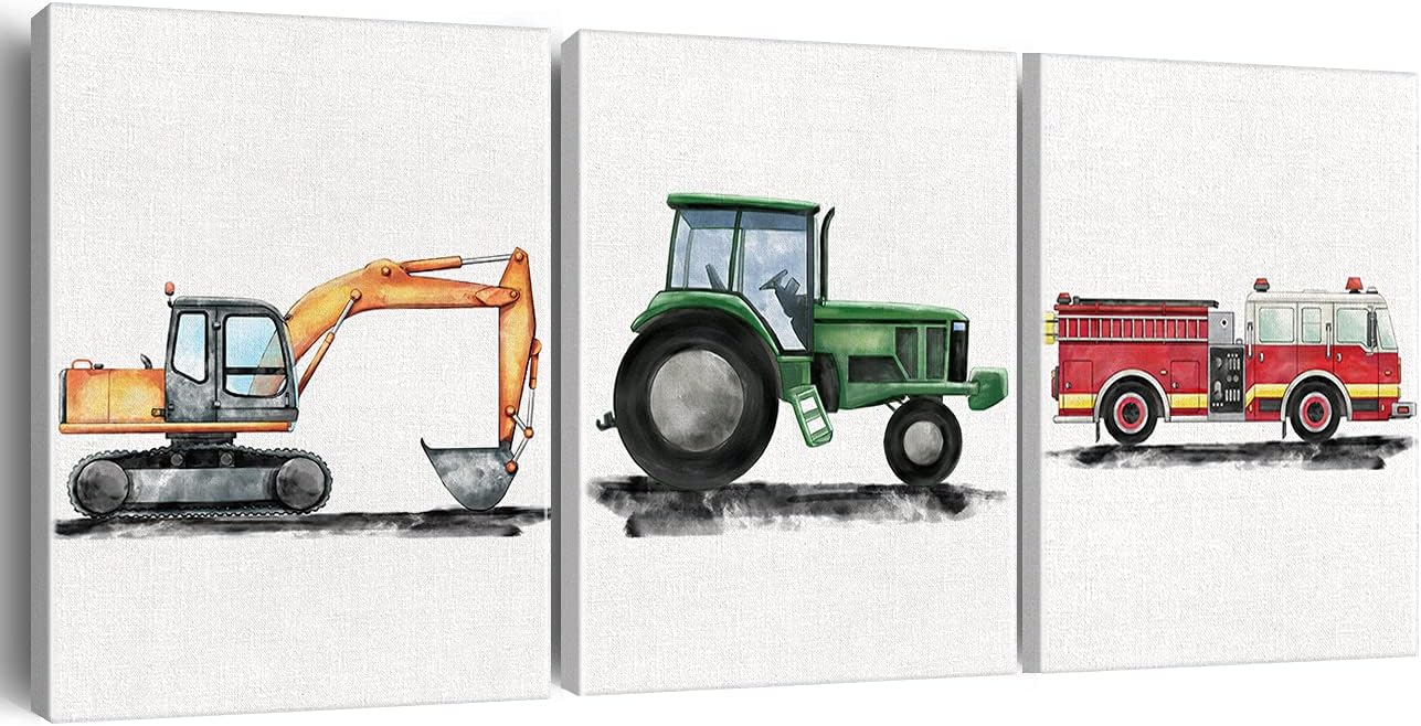 Construction Vehicle Wall Art Decor Set of 3 Watercolor Truck Canvas Painting Pictures Framed Fire Truck Dump Truck Canvas Prints Ready to Hang for Home Nursery Decor (12x15 Inch)