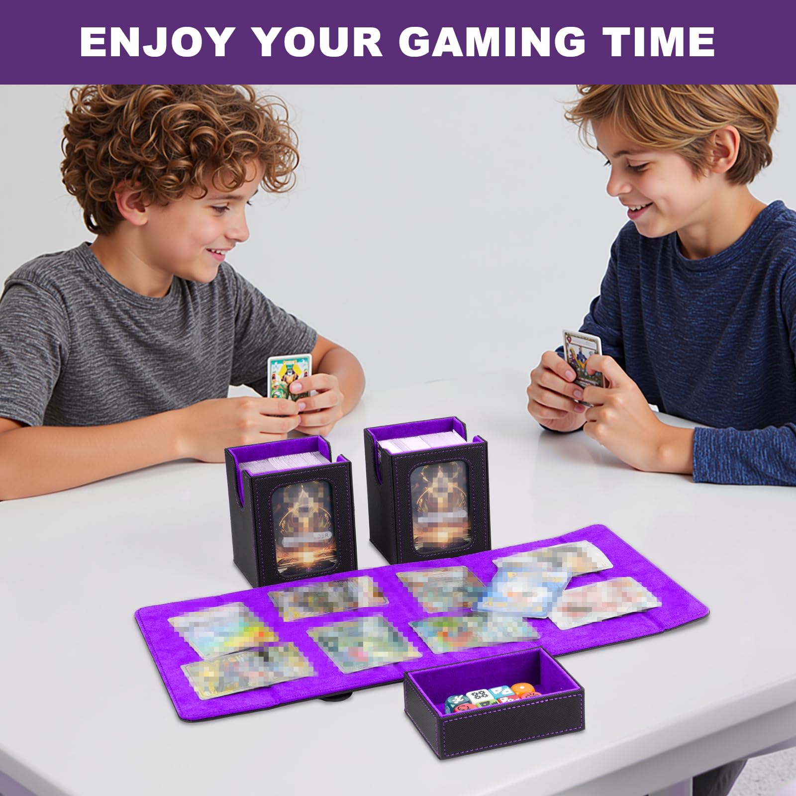 Deck Box MTG / TCG 3-en-1 – Boîte de Rangement Cartes 200+ Double Sleeves, 2 Deck Box avec Plateau à Dés et Fenêtre Commandant, Porte Cartes à Collectionner en Cuir PU Magnétique, noir et violet