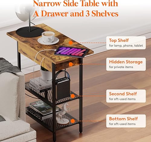 Miniatura 9 de Lifewit Mesitas de noche estrechas con tomas de corriente y puertos USB, cajón superior abatible con estantes de metal y estaciones de carga para