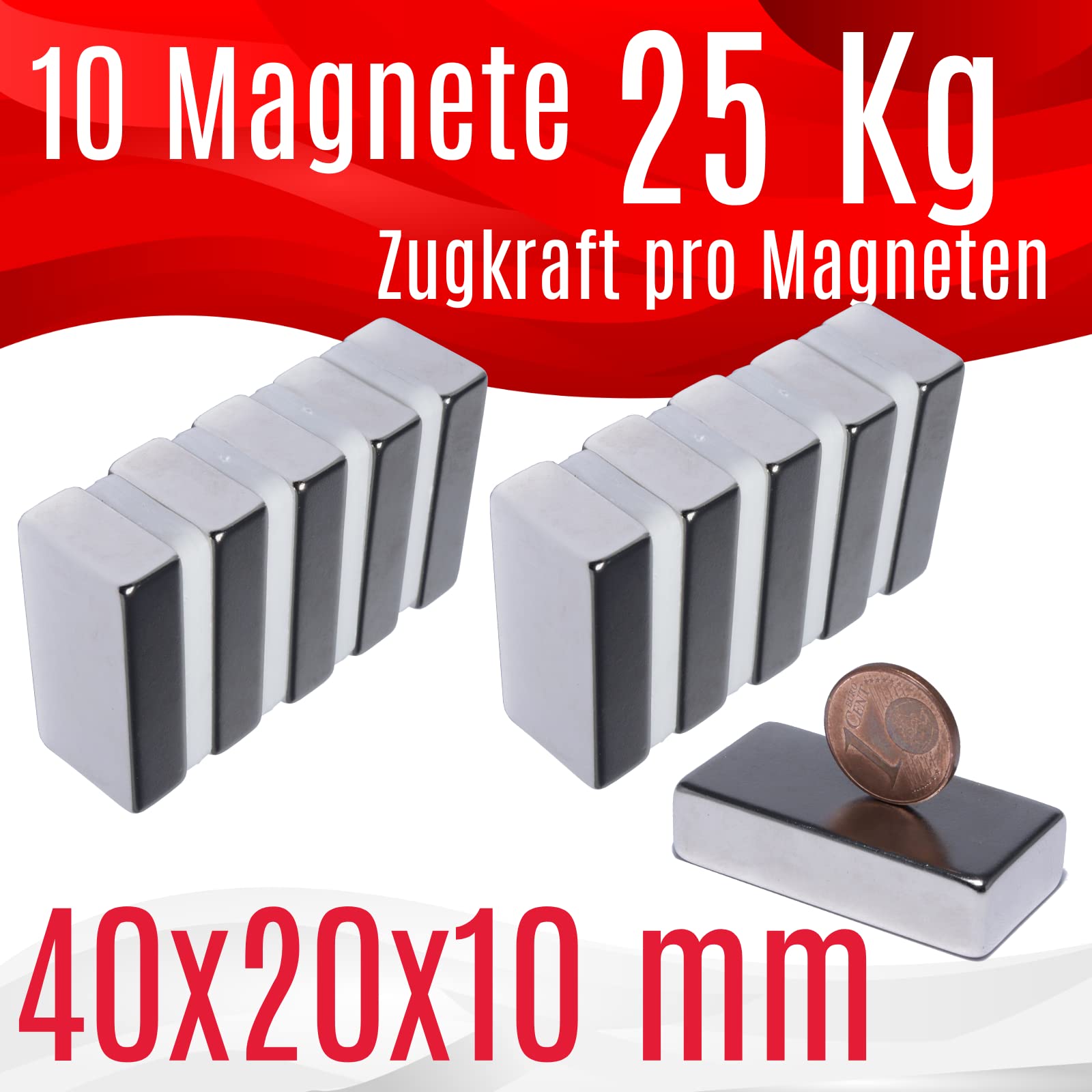 Imanes de neodimio, extrafuertes, cuadrados, 40 x 20 x 10 mm, 25 kg, imán de neodimio, 40 x 20 x 10 mm, N52, 10 Stück