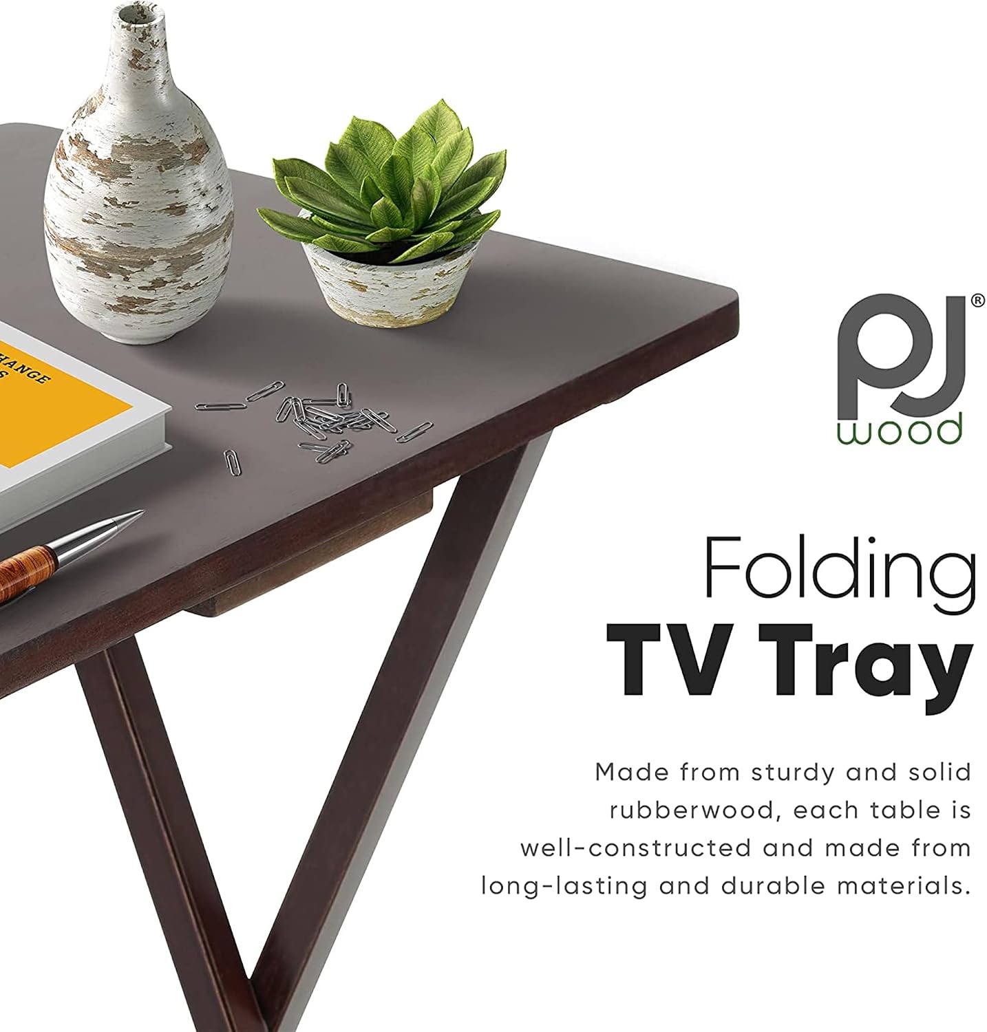 PJ Wood Solid and Sturdy Wood Construction Portable Folding TV Snack Tray Table Desk Serving Stand, Espresso Brown (10 Piece Set)