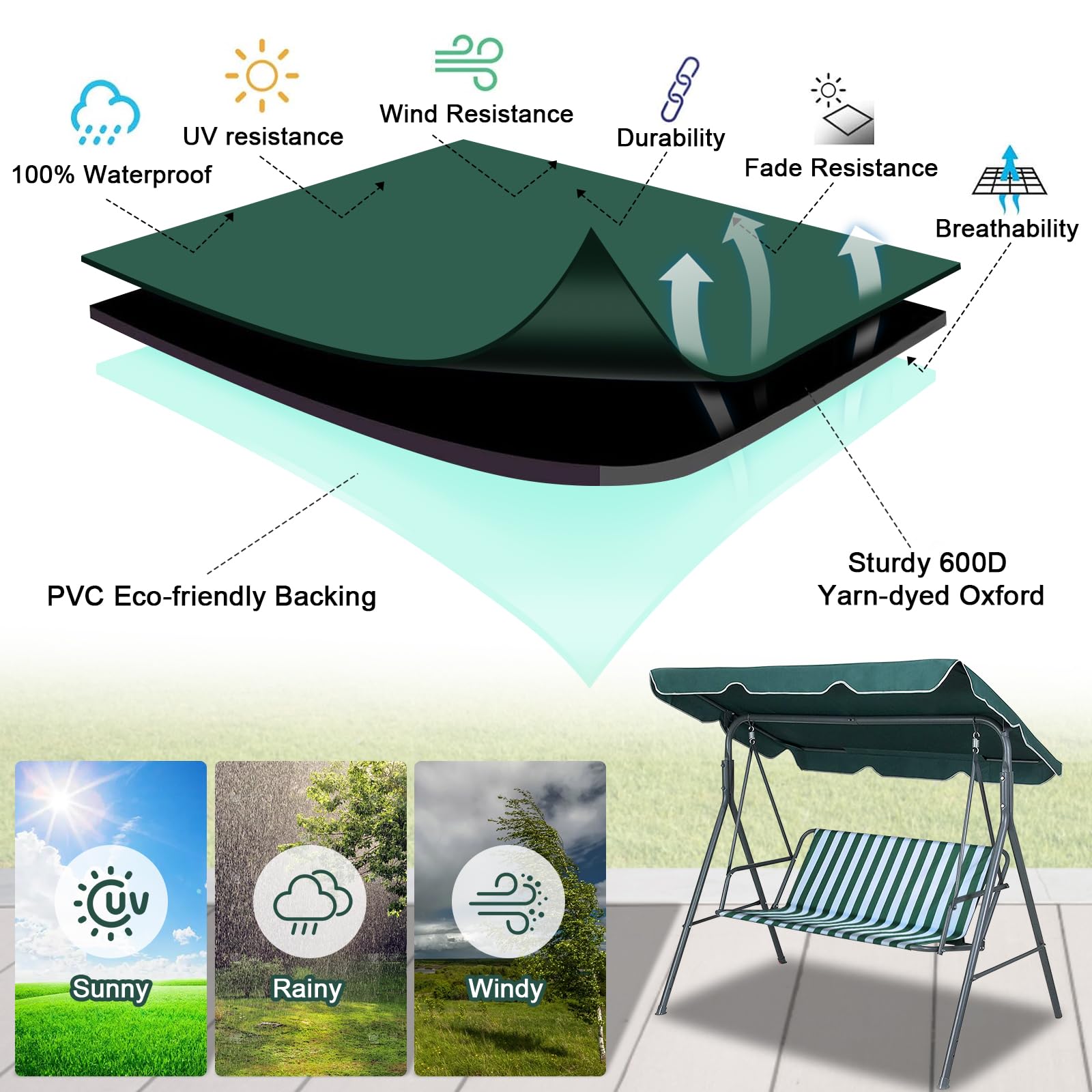 WingFly Funda de Asiento de Jardín para Columpio de Jardín, para Silla Mecedora de Jardín, Fundas para Silla de Jardín, 2 y 3 Plazas Rayas Verde (115 * 48 * 48cm)