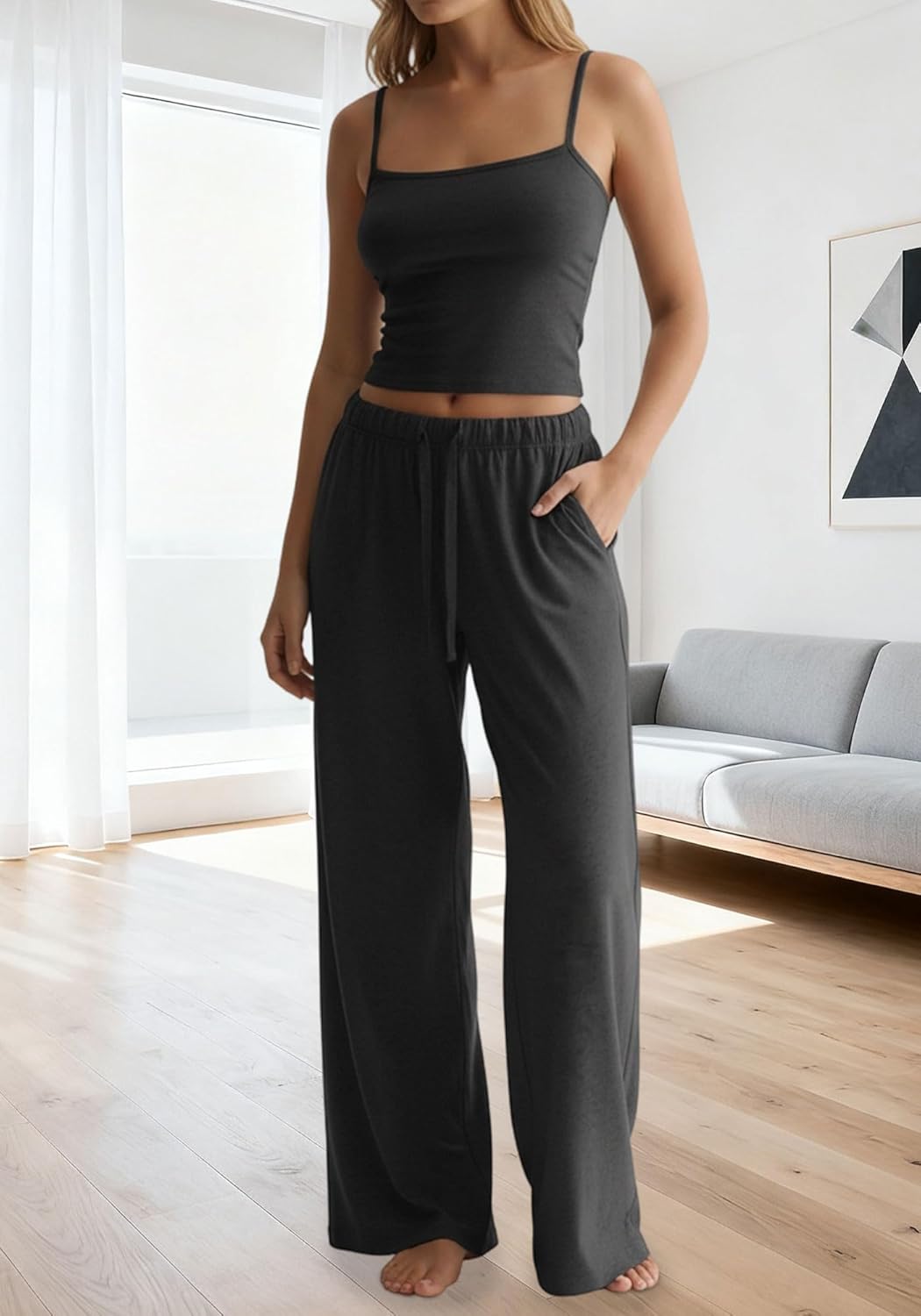 TDCoool Women's 2 Piece Pajama Lounge Set Summer Matching Lounge Sets Spaghetti Strap Tank Top Comfy Wide Leg Pants Sets - Image 4