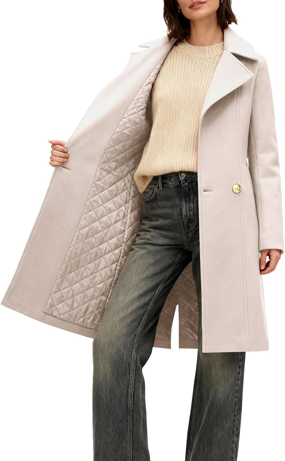 OTU Vibe Women's Long Notch Lapel Coat, Double-Breasted Peacoat, Casual Classic Fall Winter Overcoat - Image 4