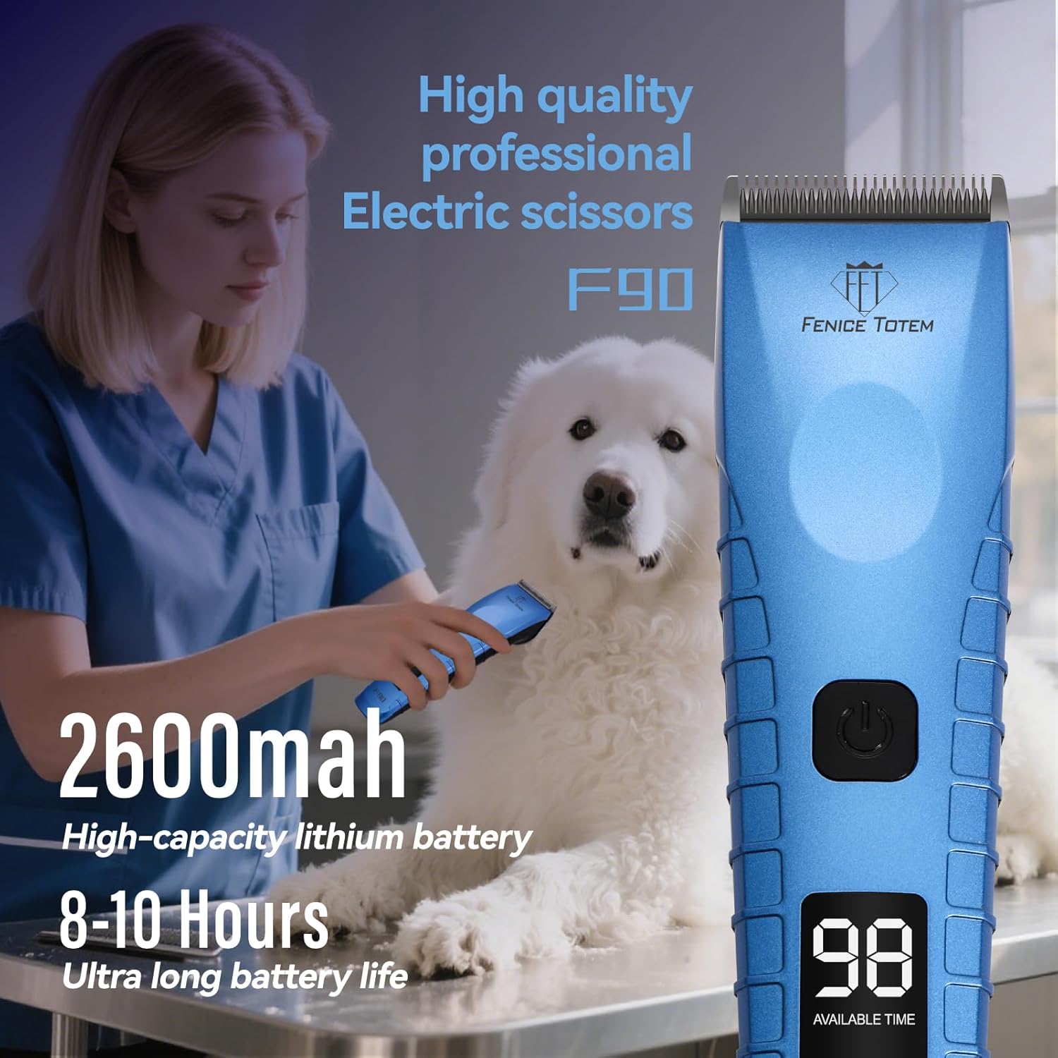 Professional Electric Dog Grooming Clippers, 2600mAh Battery, LCD Display, Type-C Charging, Silver (Blue)