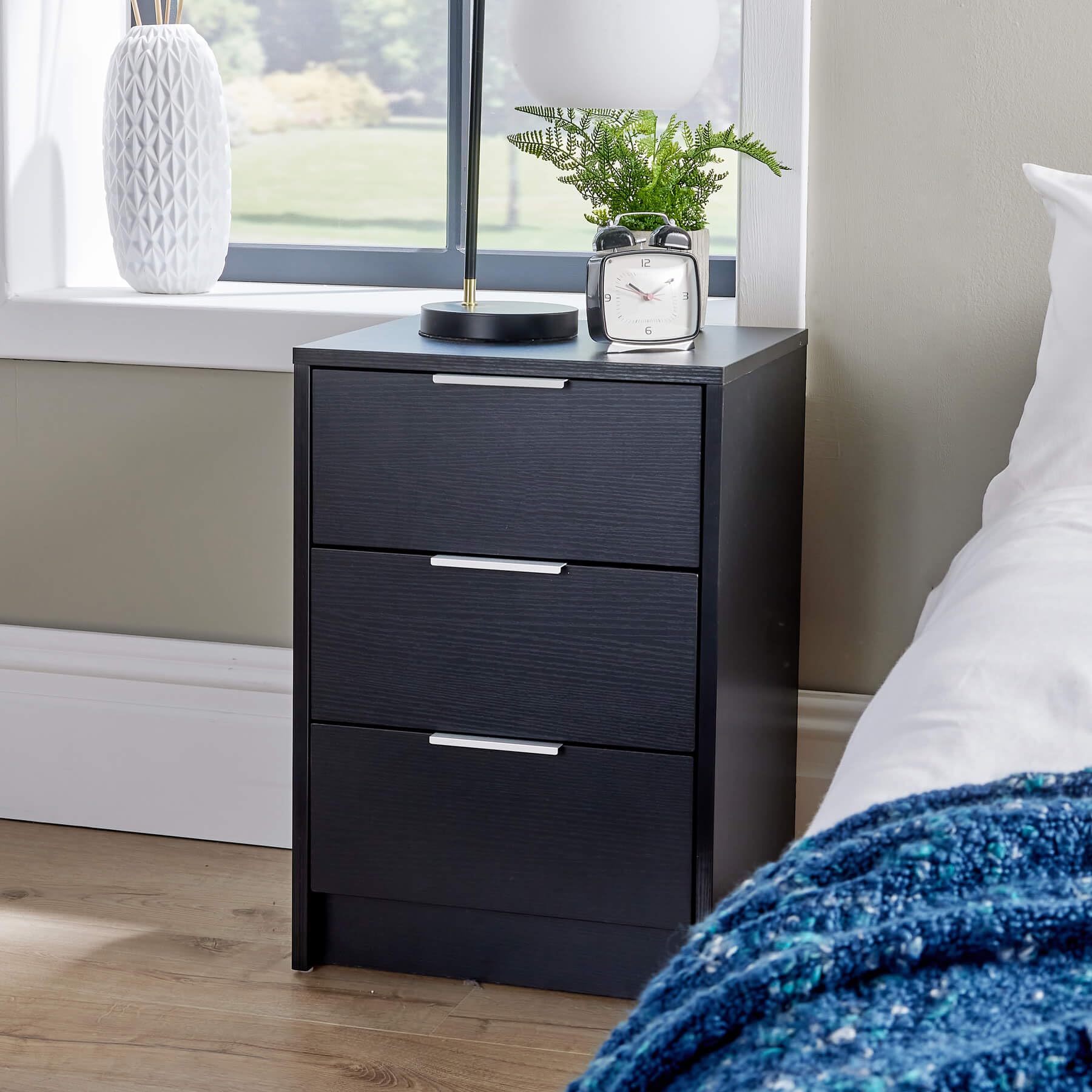 Home Source Bedside Cabinet Nightstand, 3 Drawers, Black
