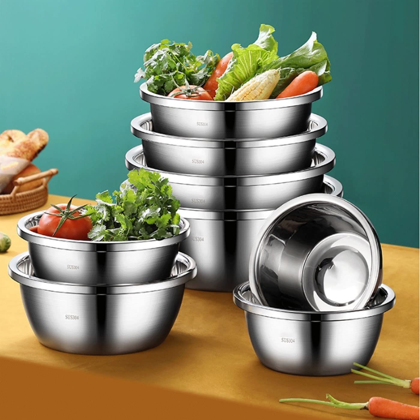 Juego de 3 cuencos para mezclar, ollas y cuencos de acero inoxidable, cuenco para sopa, cuenco para sopa, almacenamiento apilable, ahorra espacio, apto para cocina de inducción, cocinar y hornear (2