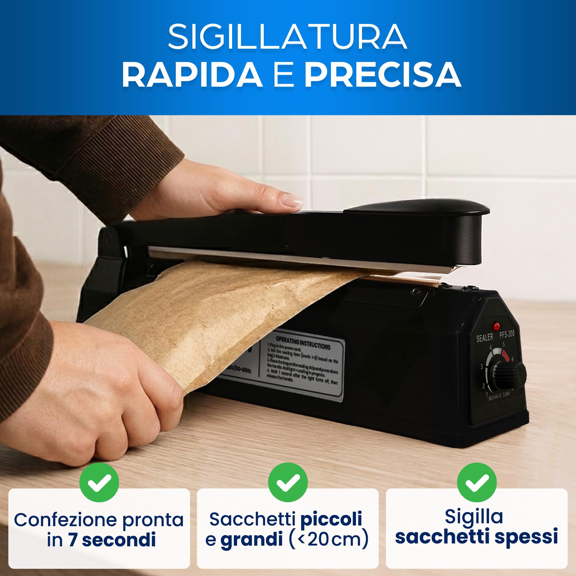 Sigillatrice termica professionale per sacchetti di plastica, alluminio, kraft, 200 mm, con 8 resistenze