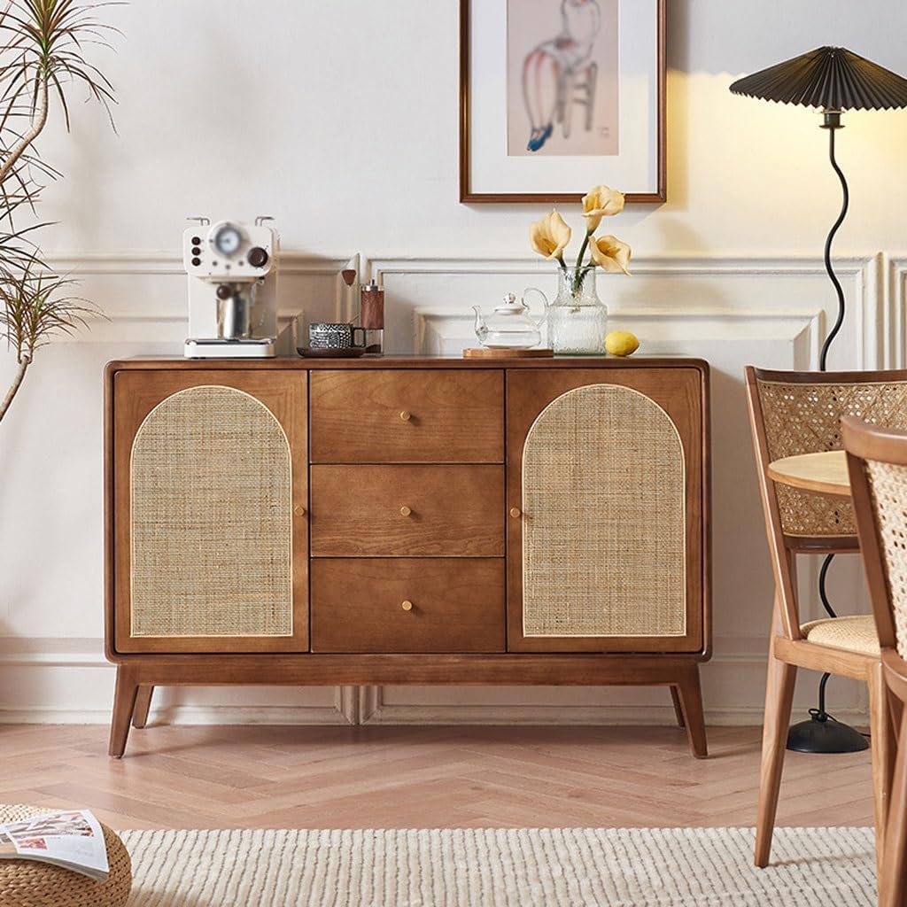 Sideboard Cabinet Chinese Rattan Solid Wood Sideboard Home Living Room Storage Bed and Breakfast Double Door Storage Cabinet with Drawers Sideboard Cabinet with Drawers