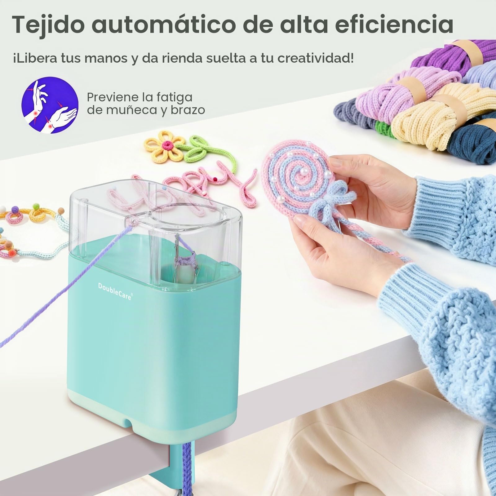 DoubleCare Tricotin Automatique, Machine de Tricotar Tejer, Eléctrico Máquina de Tejer con 2 Bobinas de Hilo y Alambre de Hierro de 2 m, DIY Máquina de Ganchillo para Proyectos Rápidos, Verde