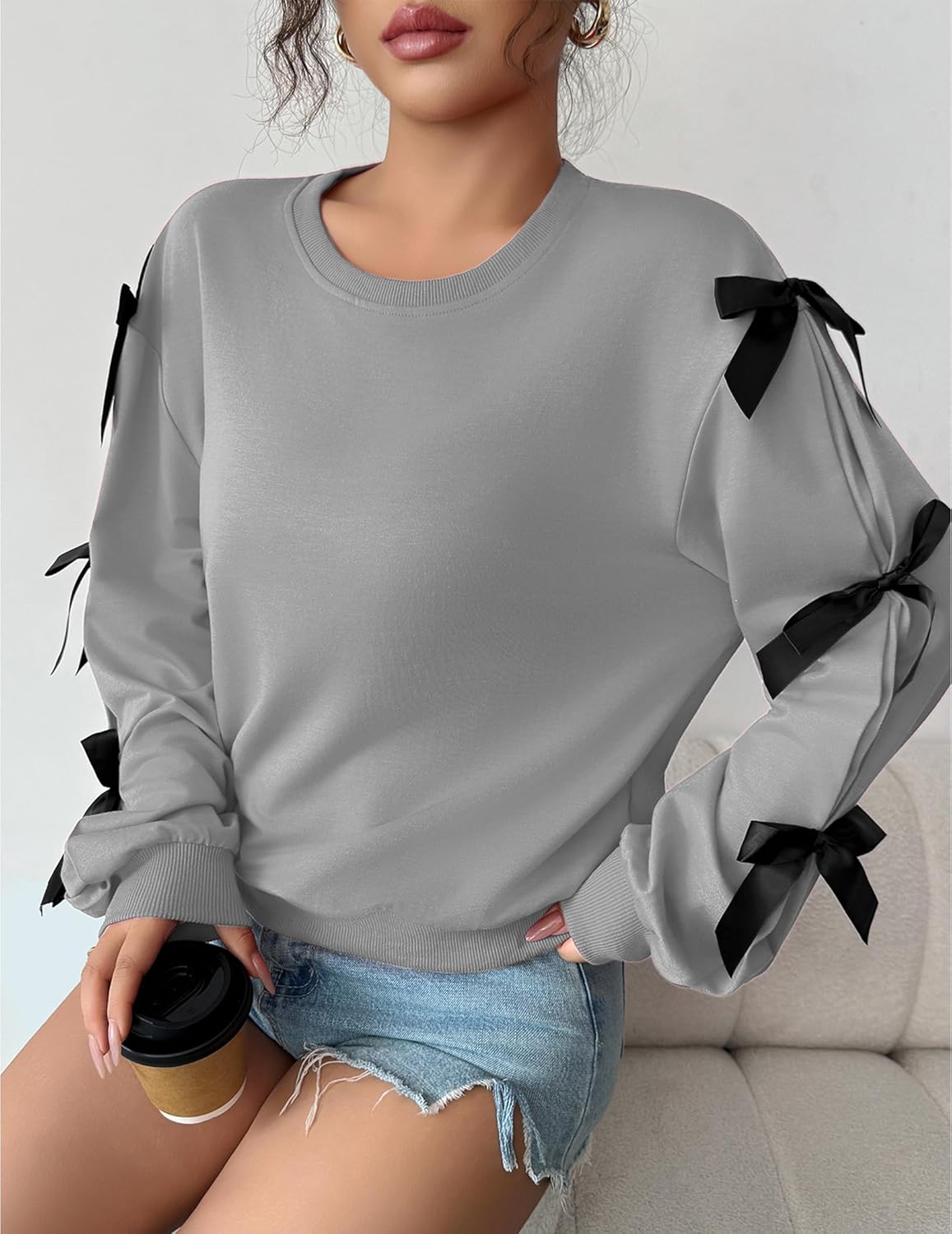 Womens Bow Lightweight Sweatshirt Oversized Crew Neck Comfy Long Sleeve Casual Loose Pullover Top Y2K Clothes - Image 4