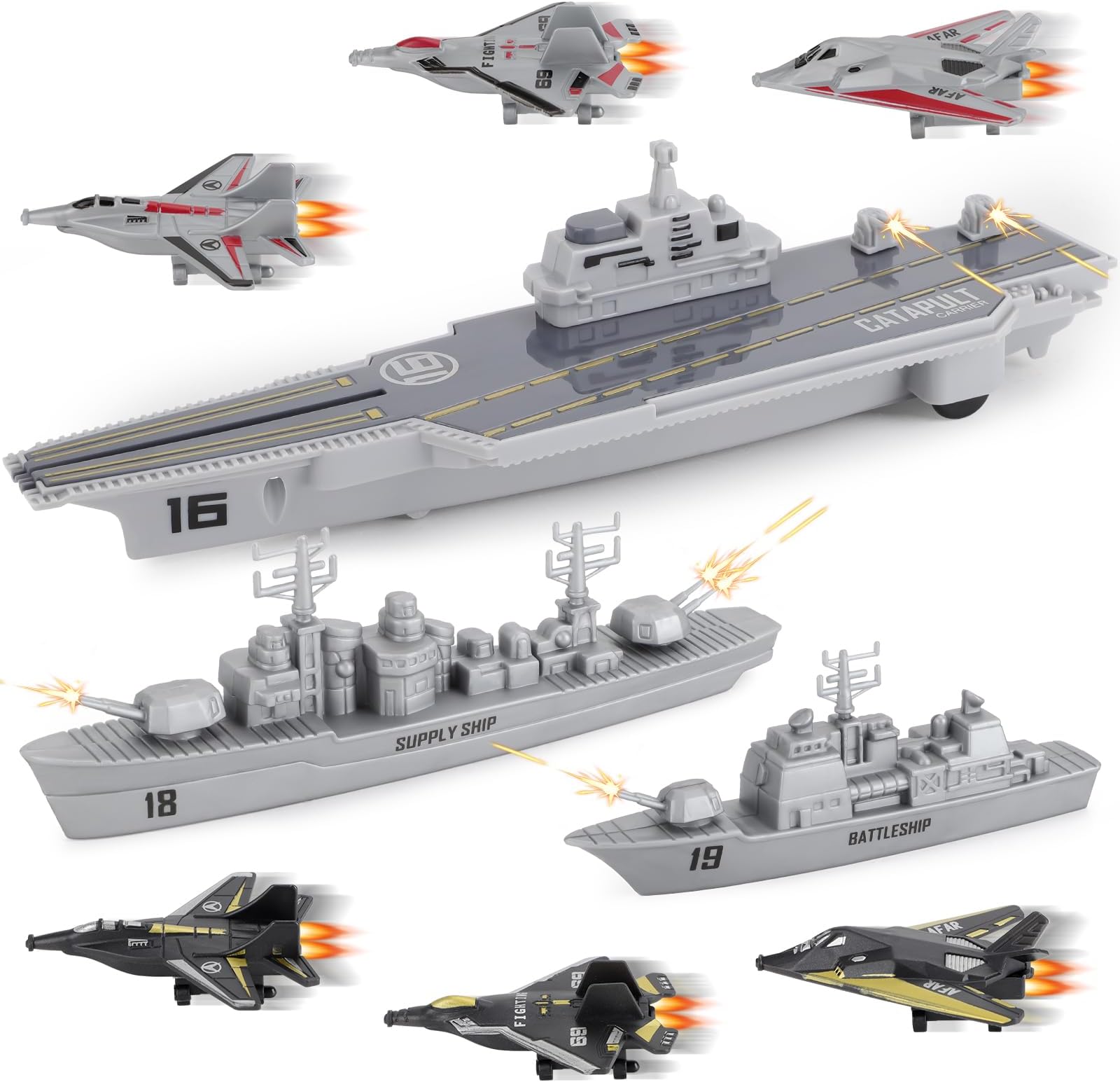 deAO Military Naval Ship Aircraft Carrier Toy Play Set with Small Scale Model Planes, Battleship, and Supply Ship Included, Army Toys, Aeroplane Toy for Kids 3+