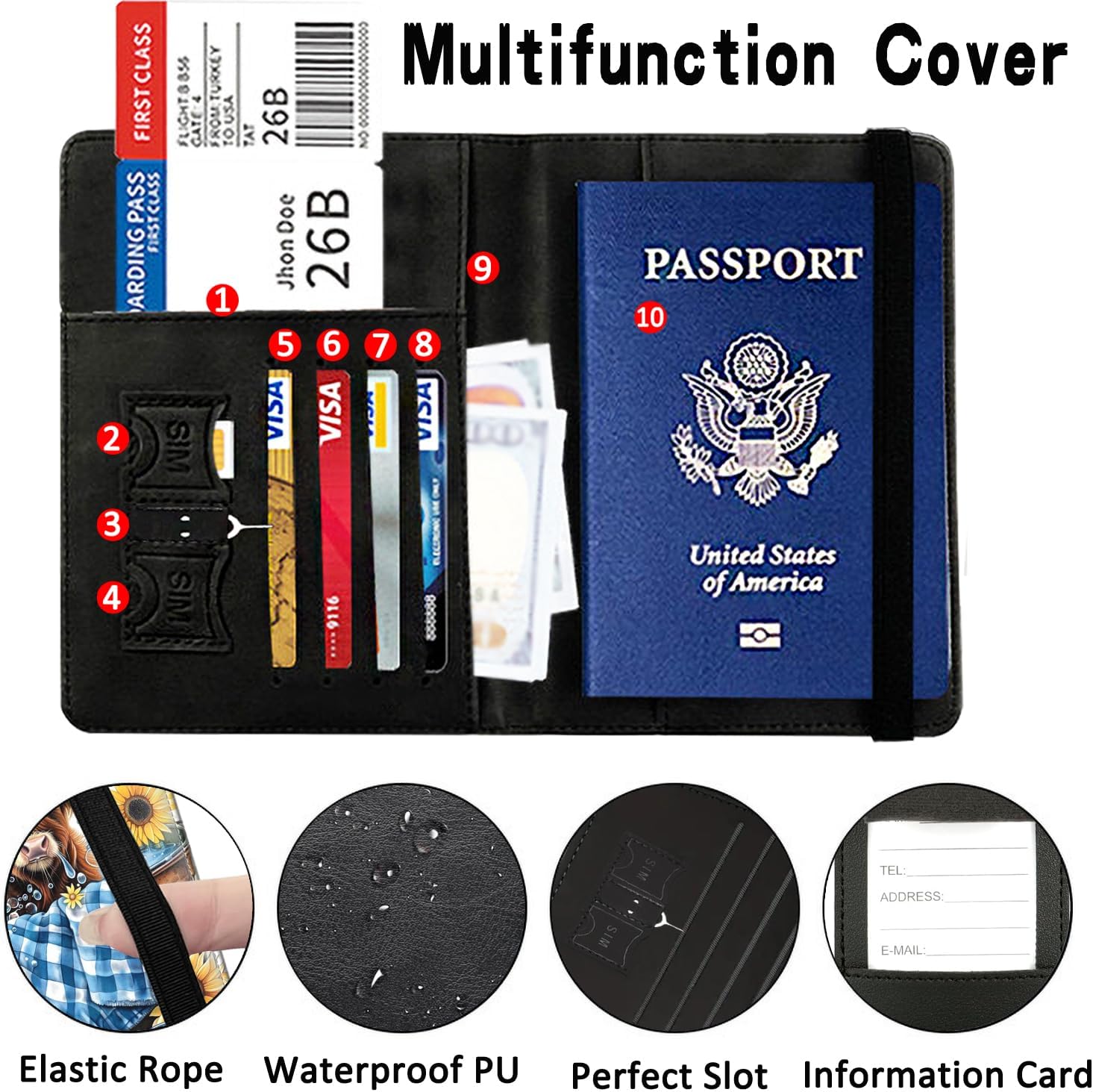 Passport Wallet, Passport Holder with RFID Blocking and Luggage Tag, Waterproof PU Leather Travel Documents Organizer Case, Passport Covers with Card Slot for Women & Men, Cute Baby Cow Sunflower image 4
