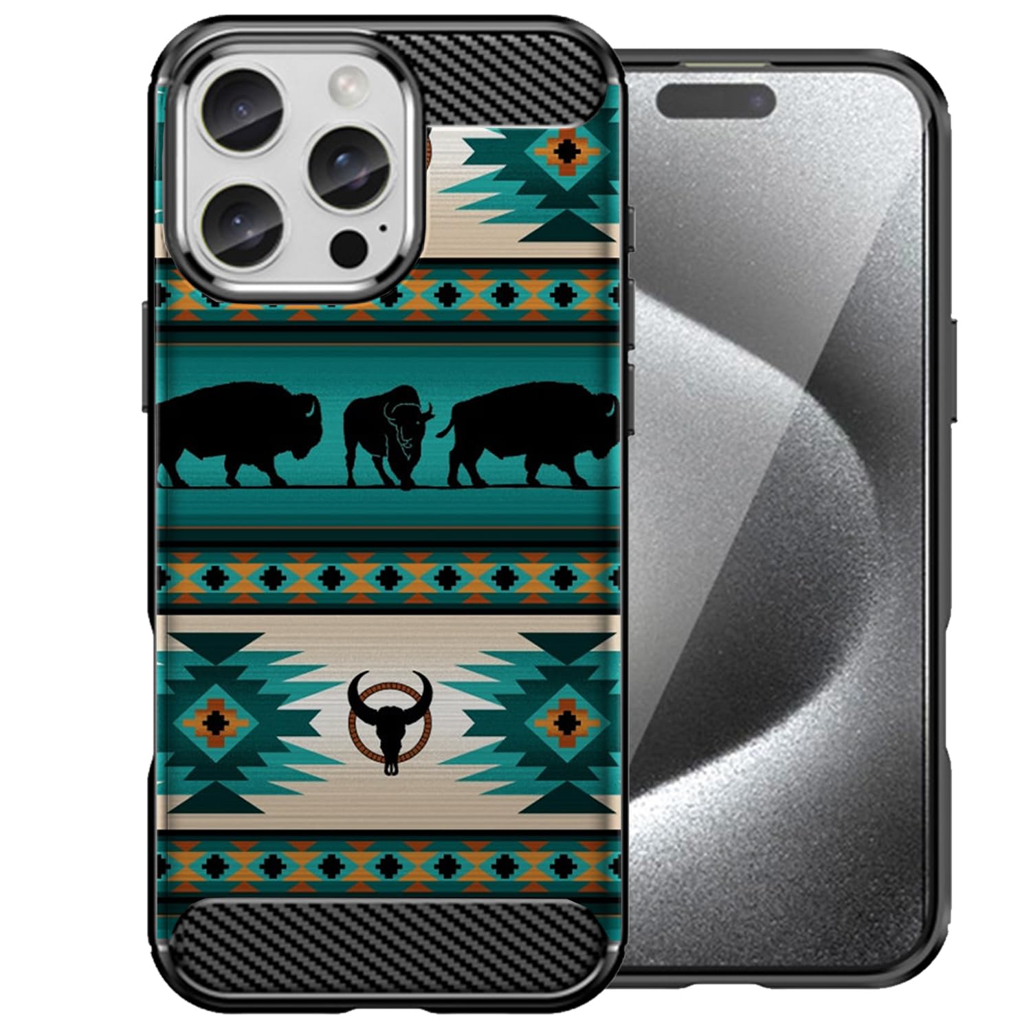 CasesOnDeck Case Compatible with [Apple iPhone 16 Pro Max/iPhone 16 Pro Max Case] Tribal Floral Matte TPU Flexible Carbon Fiber Textured (Buffalo