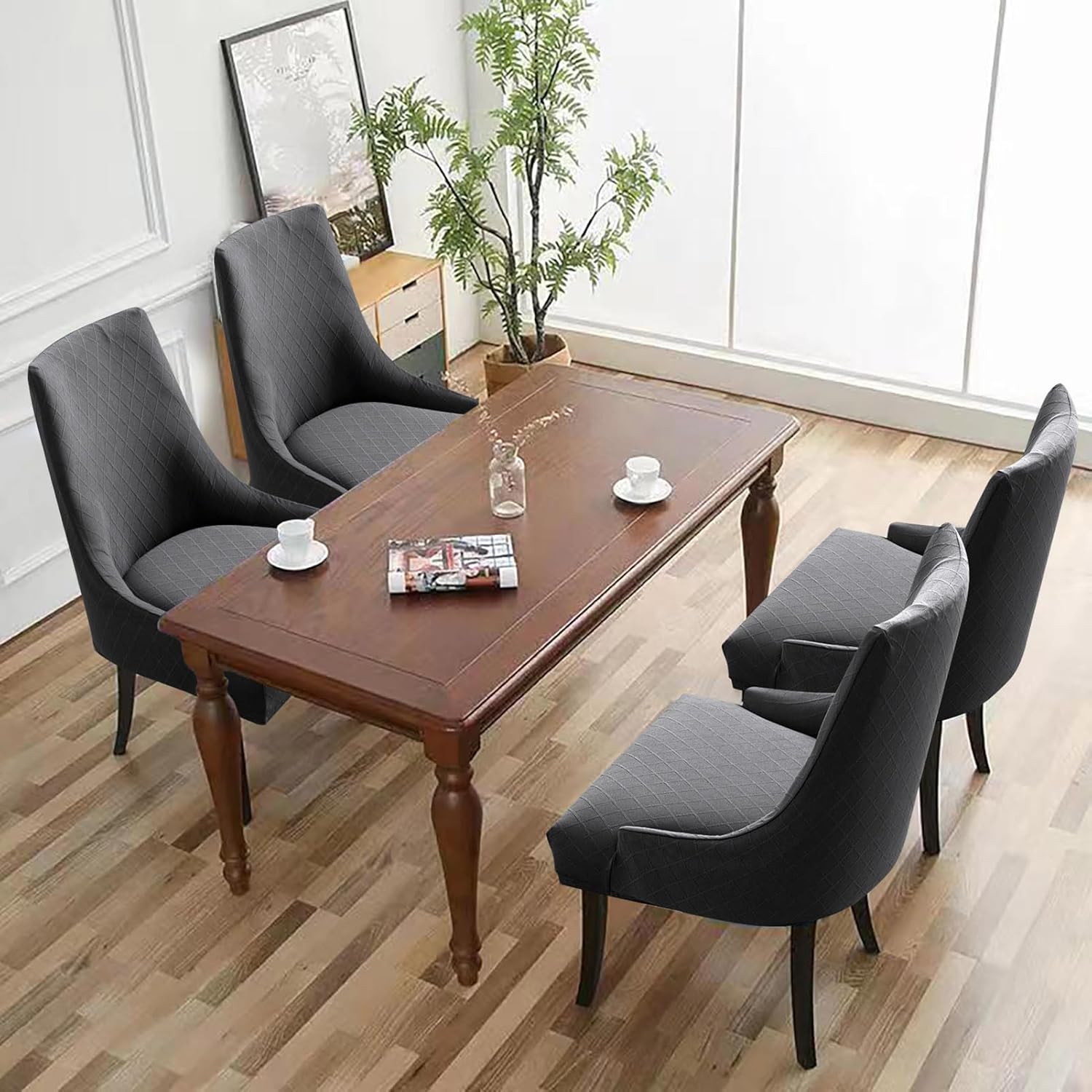 Dining Chair Covers, Stretch Wingback Chair Slipcovers, Wingback Chair Covers, for Dining Room Hotel, Banquet, Party, Home Decor (Dark Gray,6 PCS)