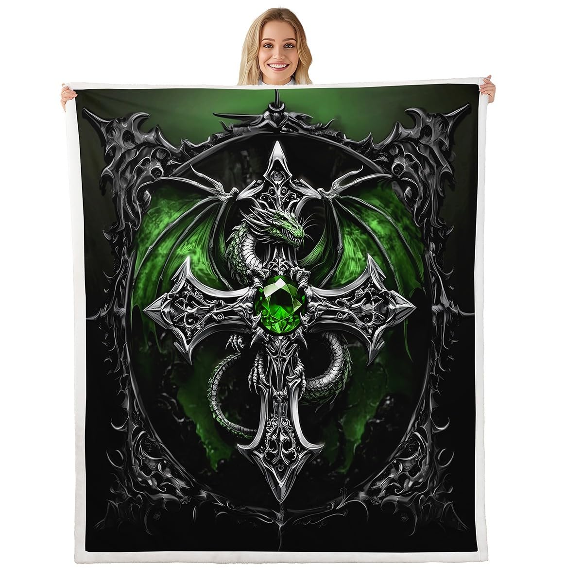 Couverture polaire croix chrétienne et dragon vert, cadeau idéal garçons filles