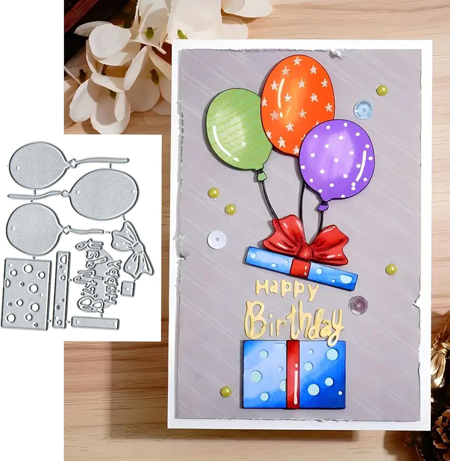 Balloon Gift Box and Happy Birthday Metal Die Cuts for Card,Flower Love Heart Card Cutting Dies Cut Stencils DIY Scrapbooking Album Decorative Embossing Paper Card Embossing Craft