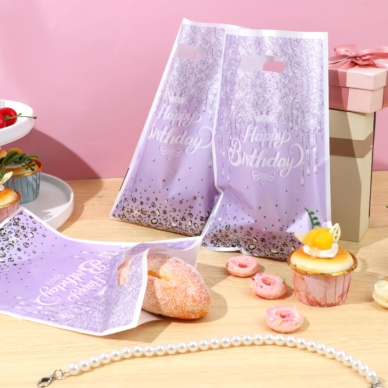 Jeffdad 30 Sacchetti Glitterati Viola Per Bomboniere - 25x16,5 Cm, In PE, Per Feste Di Compleanno Ragazze, Caramelle E Biscotti