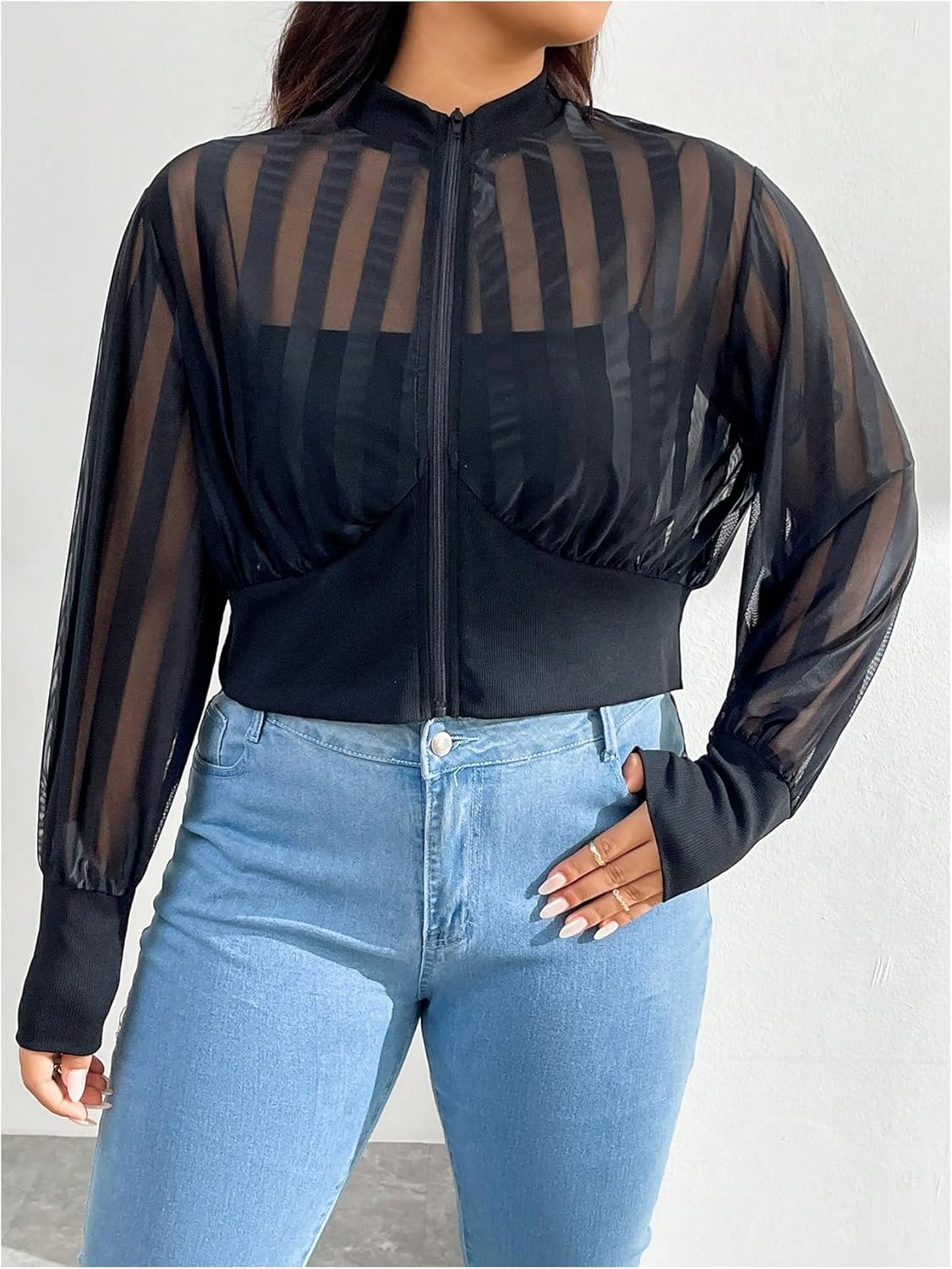 OYOANGLE Women's Plus Size Sheer Mesh Crop Bomber Jacket Lightweight Striped Long Sleeve Zip Up Outwear - Image 2