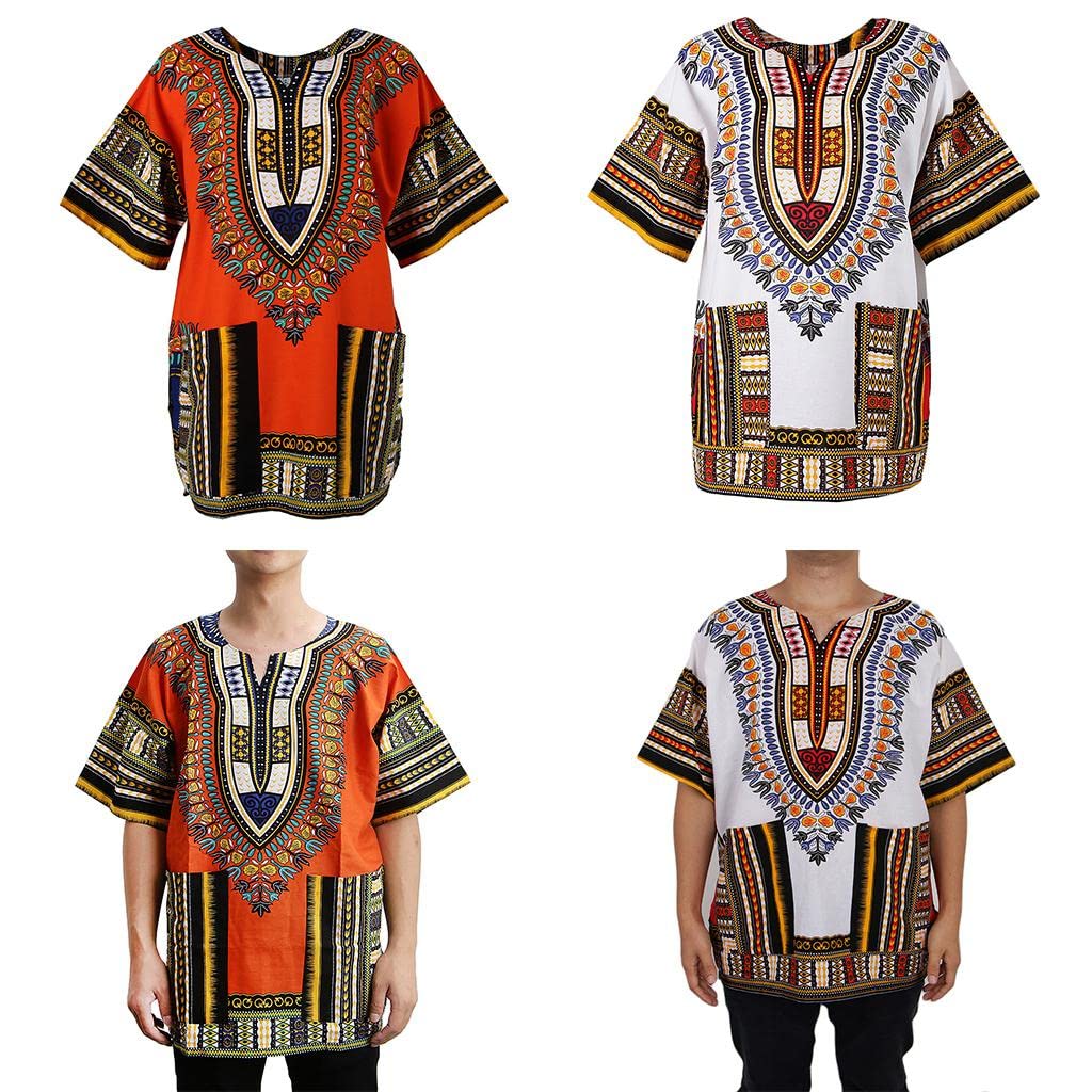 Unisex African Prints Dress Cotton Dashiki Shirt Ethnic Caftan Yellow+Brown-image-22