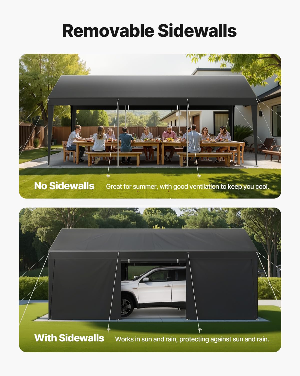 VEVOR Cochera 3,05 x 6,09 x 2,87 m, Cochera Potable con Paredes Laterales y Puerta Desmontables, Marquesina para Coches Resistente a los Rayos UV y al Agua, para Automóviles, Embarcaciones, Gris