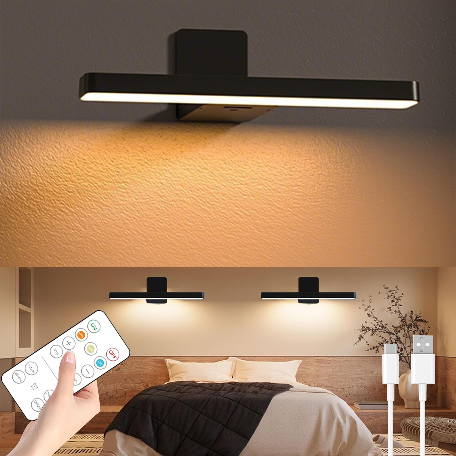 Terilamy Rechargeable Cordless LED Picture Light for Wall, 3 Colour Temperatures,Timer Function 15/30 Min, Remote Control, Dimmable Art Light for Picture Frames, Paintings, Mirrors & Dart Board