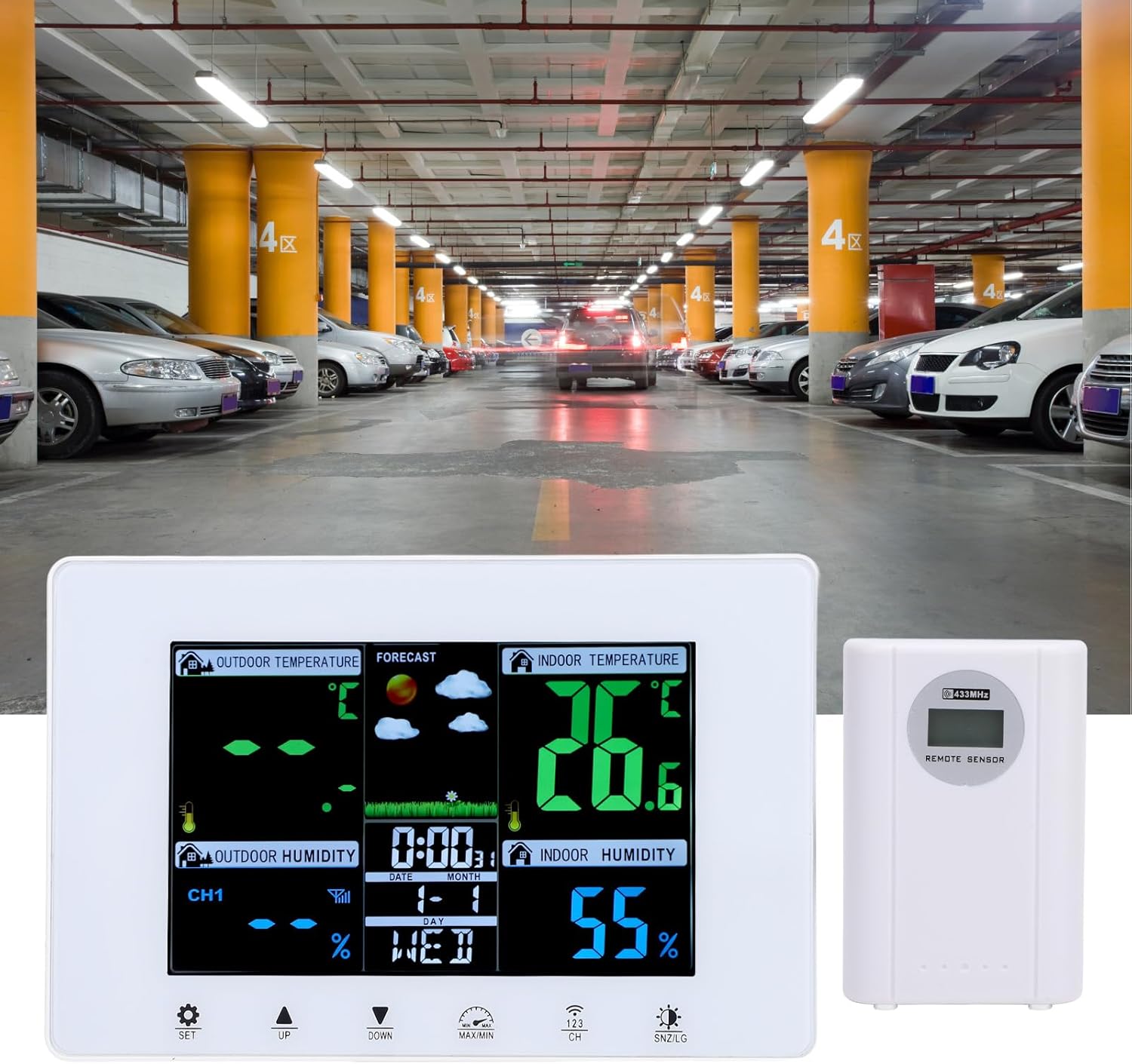 Meteorological Clock, Color, LCD Display, Digital Weather Thermometer, Multifunctional Clock with Atomic Clock for Garage