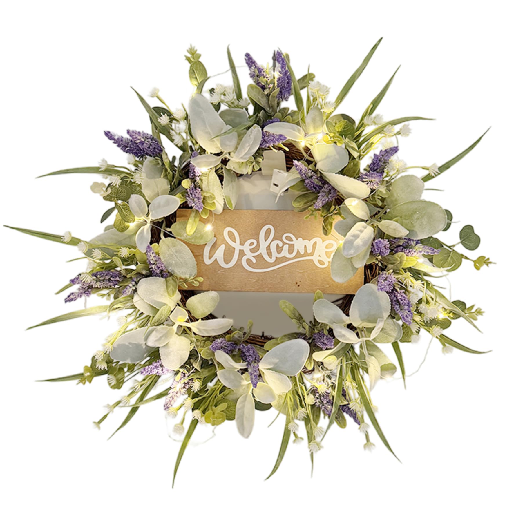 Wreaths, Spring Wreaths for Front Door, 20 Inch Artificial Lavender and Rabbit Ear Leaves Wreath with LED Lights, Warm White Lights for Indoor Outdoor Front Door Decor