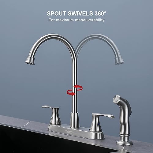 Miniatura 10 de Grifo de cocina negro mate con rociador lateral extraíble, grifo de fregadero de cocina de arco alto negro de 2 manijas con líneas de suministro