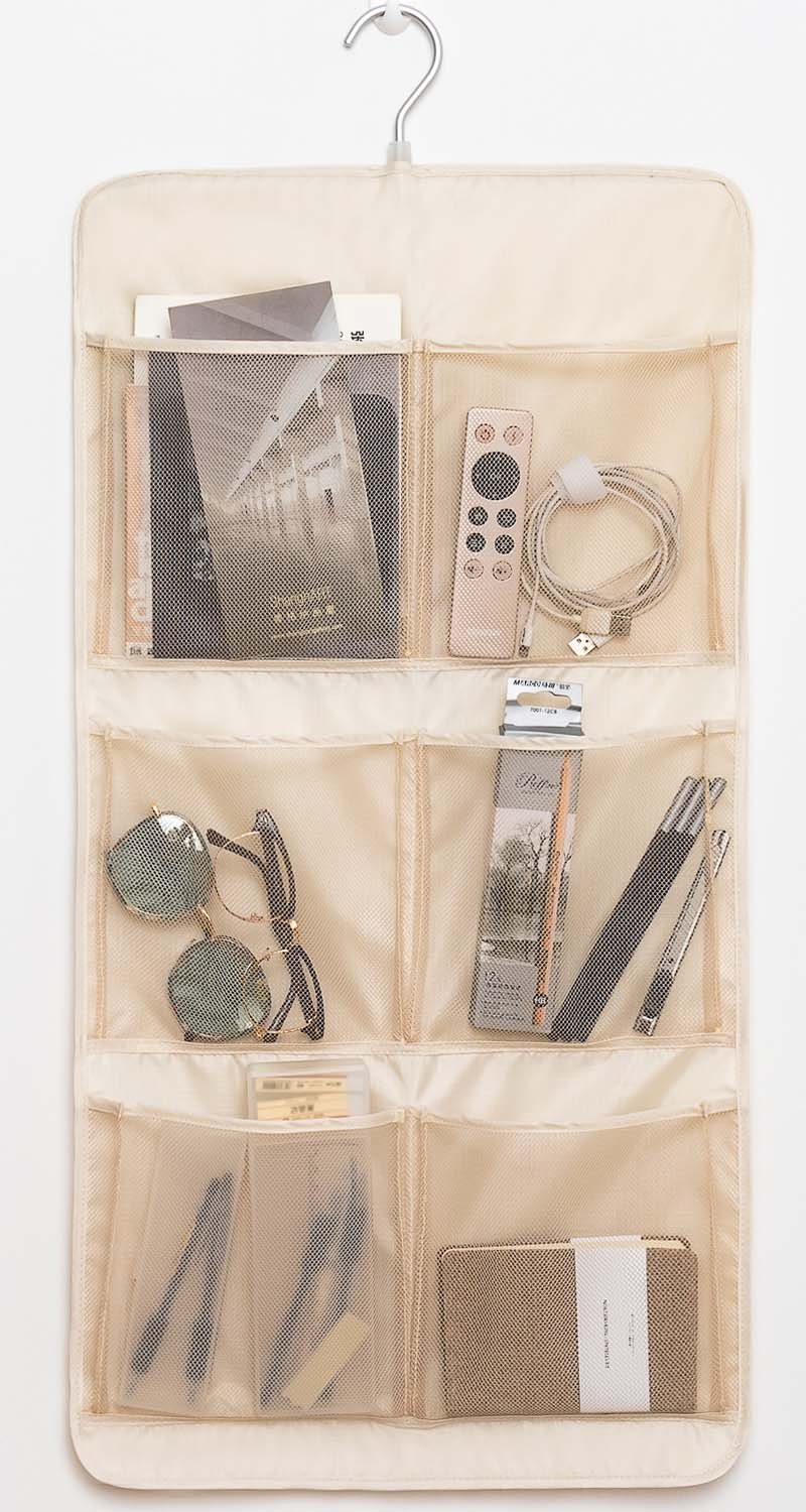 UNIKON Hanging Organizer Door Organizer Closet Organizer, 7 Pockets Dual-Sided Hanging Toiletry Bag Book Shelf, Beige