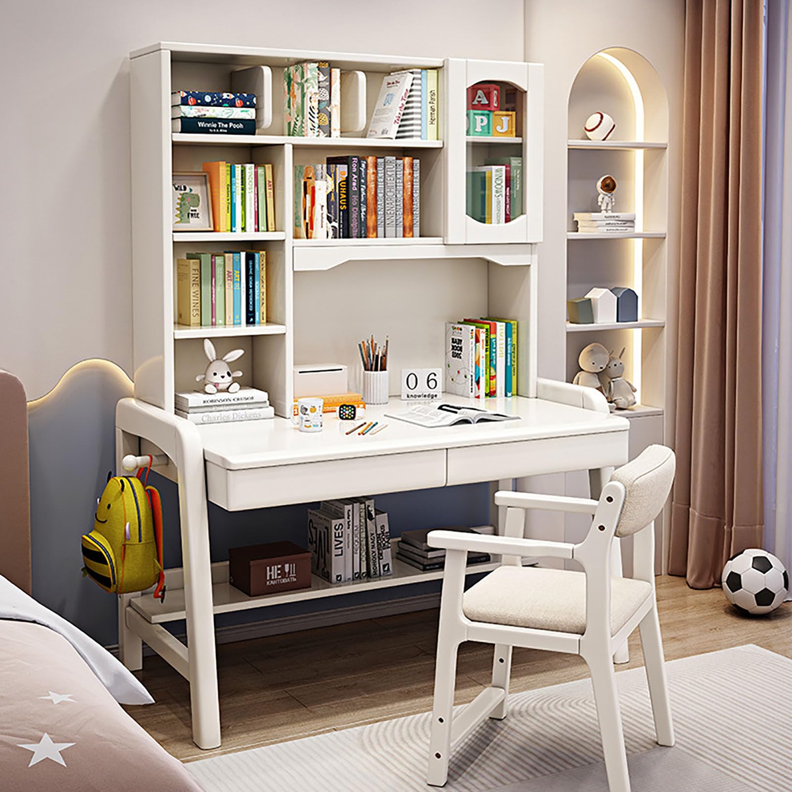 ASerZenith Computer Desk W/Hutch,Wood Study Desk Height Adjustable Writing Desk W/Drawer&Bookshelf,Student'S Pc Table Workstation,White-120X60X189Cm