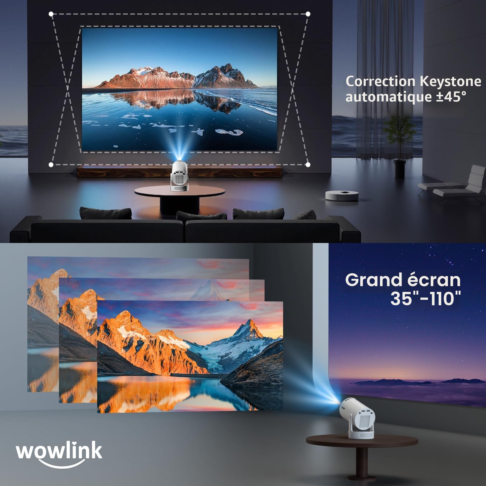 [Apps intégrées & 2026 Upgraded] Vidéoprojecteur avec WiFi 6 et Bluetooth 5.4 Mini Projecteur Supporte 4K 1080P Auto Keystone Rotation 180° Compatibile avec HDMI/TV Stick/Memory Stick/Laptop, Blanc