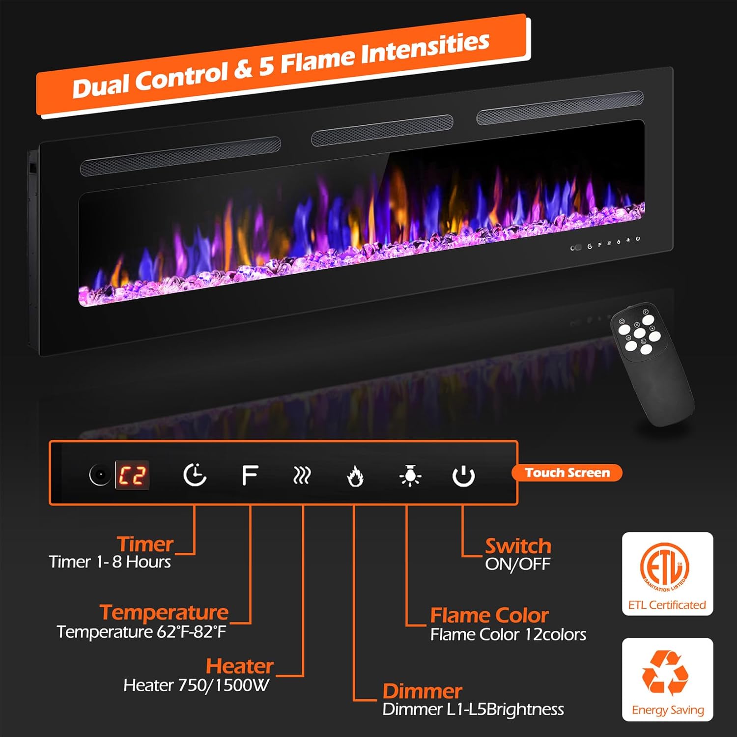 60" Electric Fireplace Wall Mounted and Recessed with Remote Control, 750/1500W Ultra-Thin Wall Fireplace Heater W/Timer Adjustable Flame Color and Brightness, Log Set & Crystal Options 60 Inch
