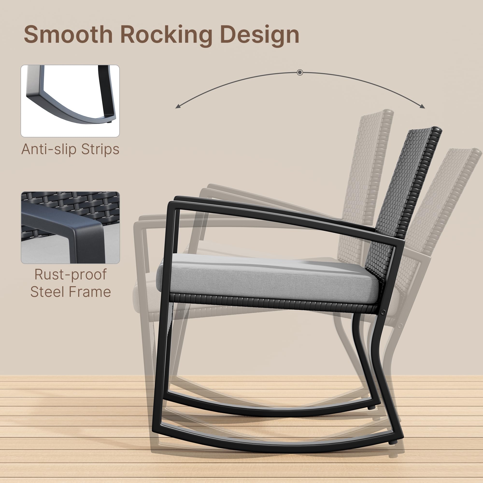 Xbro Salon de Jardin 4 Pièces en Résine Tressée avec Fauteuil Double, 2 Fauteuils à Bascule et Table Basse en Verre, Mobilier d’Extérieur pour Terrasse et Balcon, Coussins Déhoussables Gris