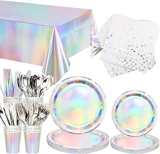 161Pack Iridescent Party Supplies, Holographic Party Tableware - Iridescent Cup Straws Napkins Forks Knives Spoons Iridescent Foil Tablecloths for Birthday Disco Wedding 80s Party, Serves 20 (20 Set)